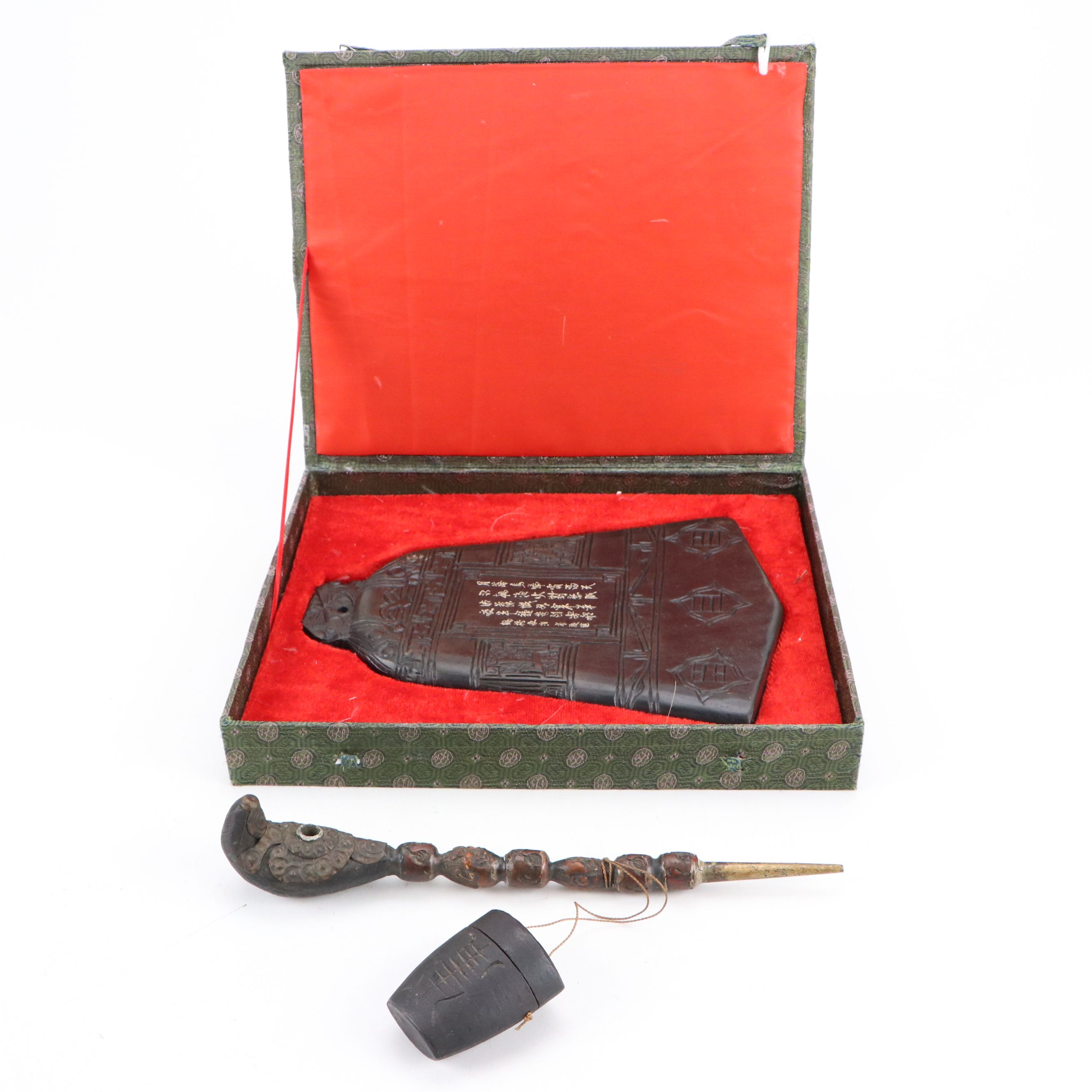 Chinese Bell-Shaped Ink Stone with Japanese Carved Wood Smoking Pipe