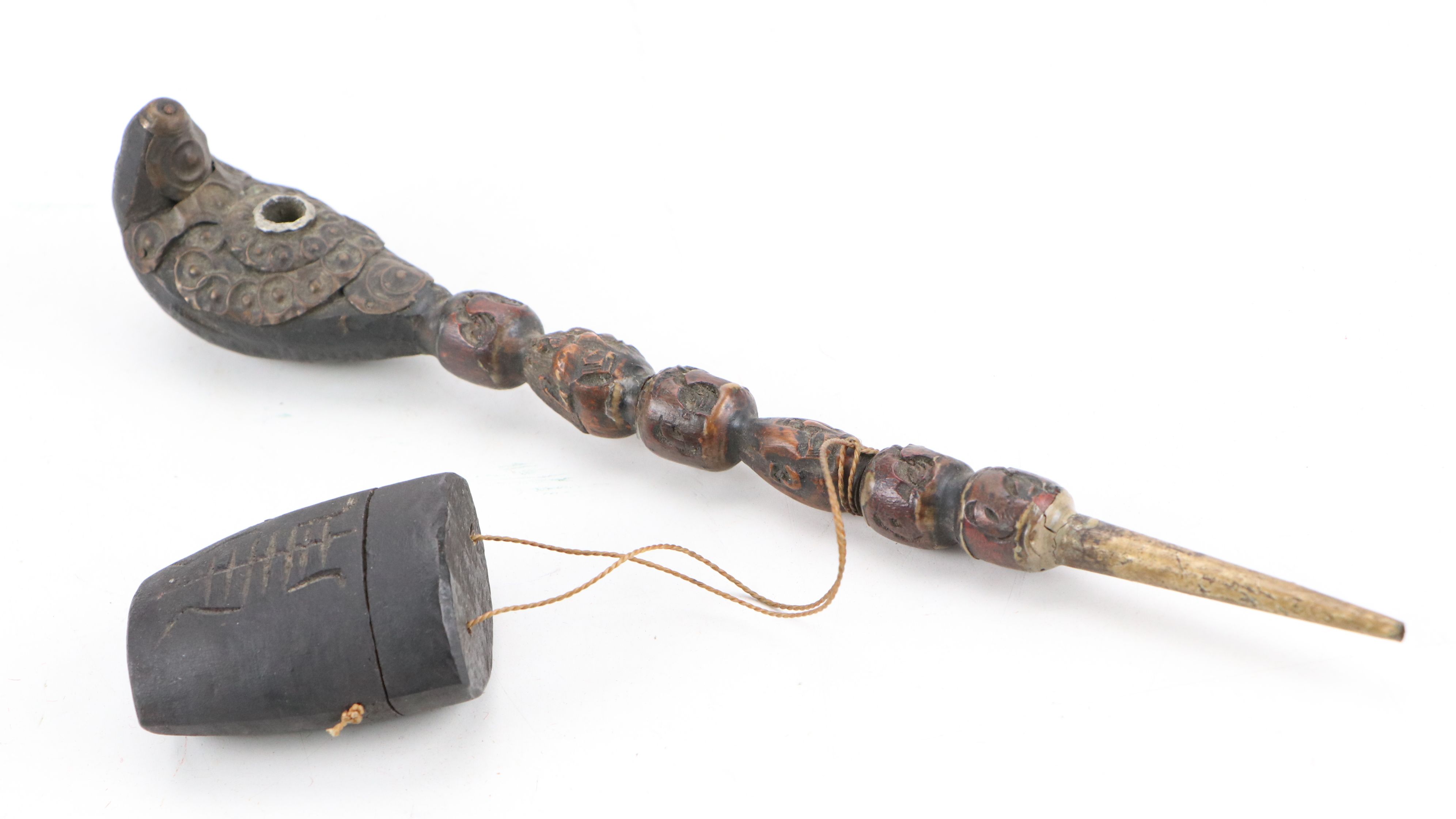 Chinese Bell-Shaped Ink Stone with Japanese Carved Wood Smoking Pipe