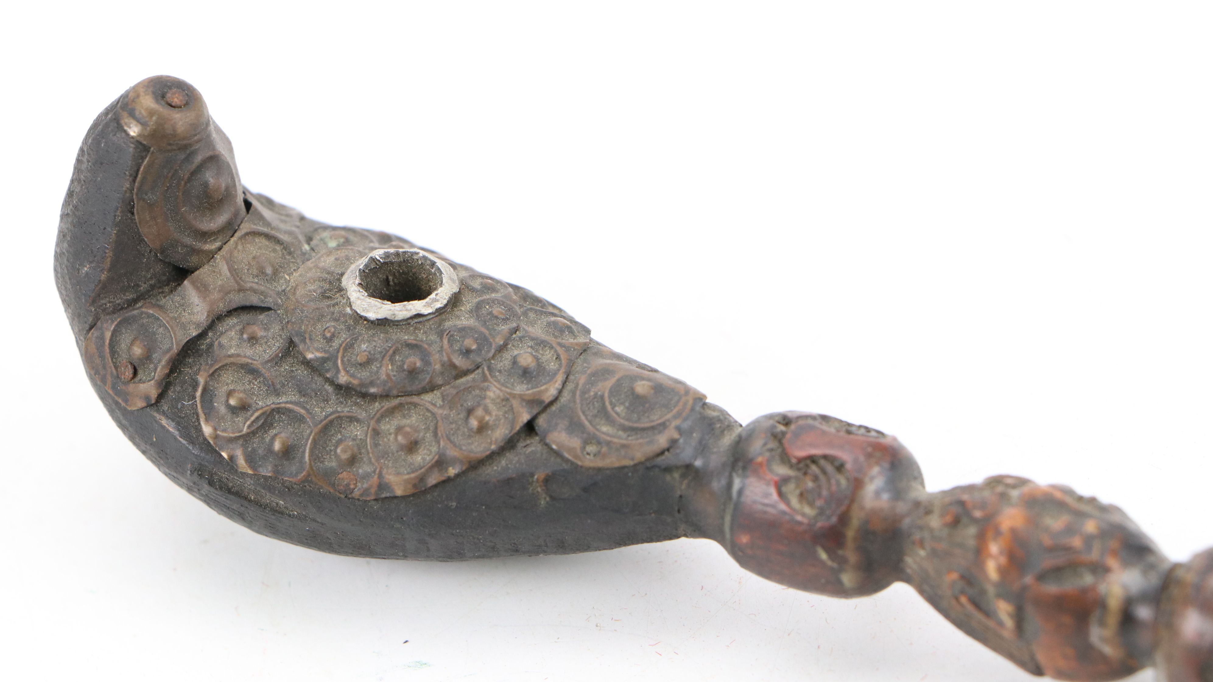 Chinese Bell-Shaped Ink Stone with Japanese Carved Wood Smoking Pipe