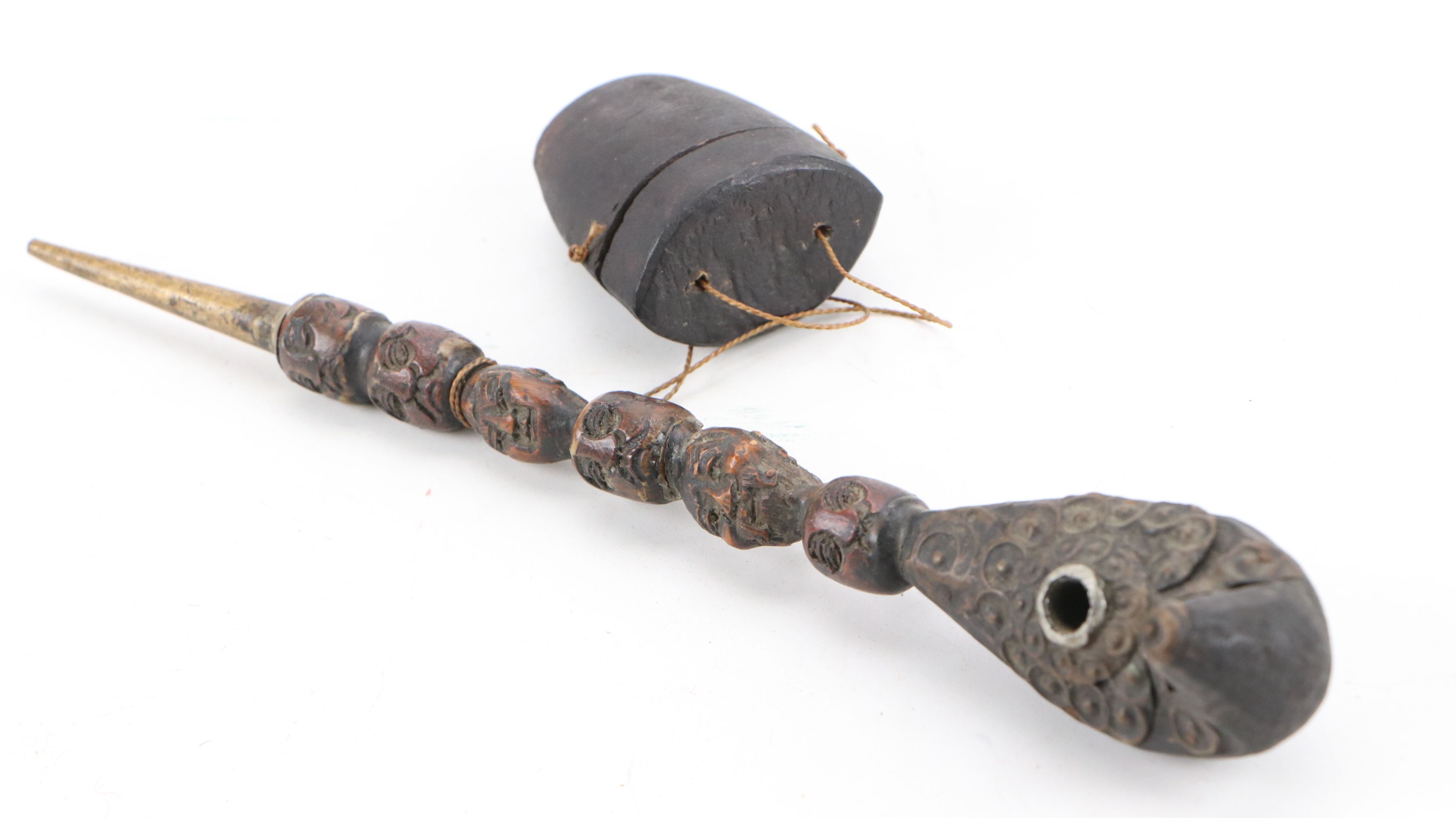 Chinese Bell-Shaped Ink Stone with Japanese Carved Wood Smoking Pipe