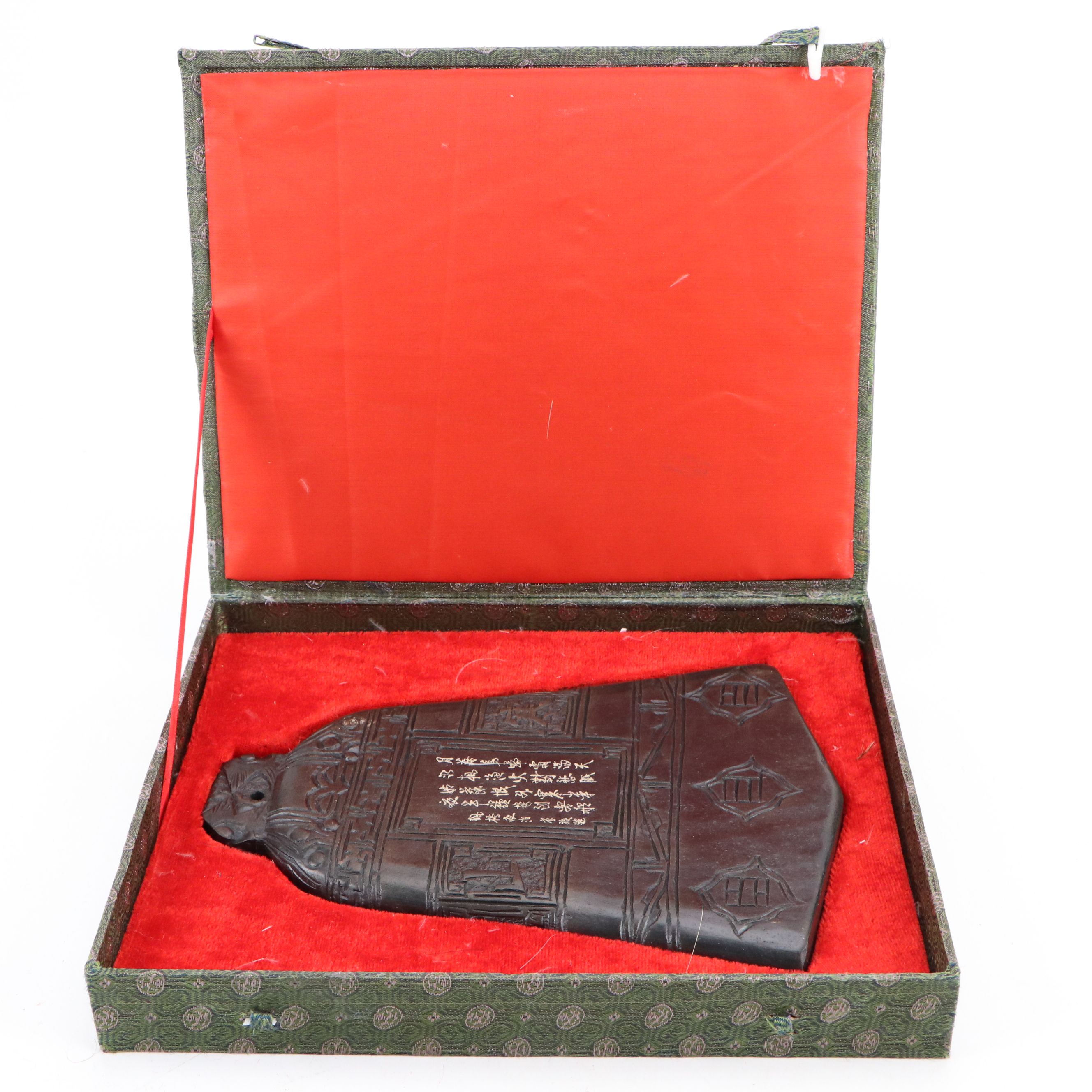 Chinese Bell-Shaped Ink Stone with Japanese Carved Wood Smoking Pipe