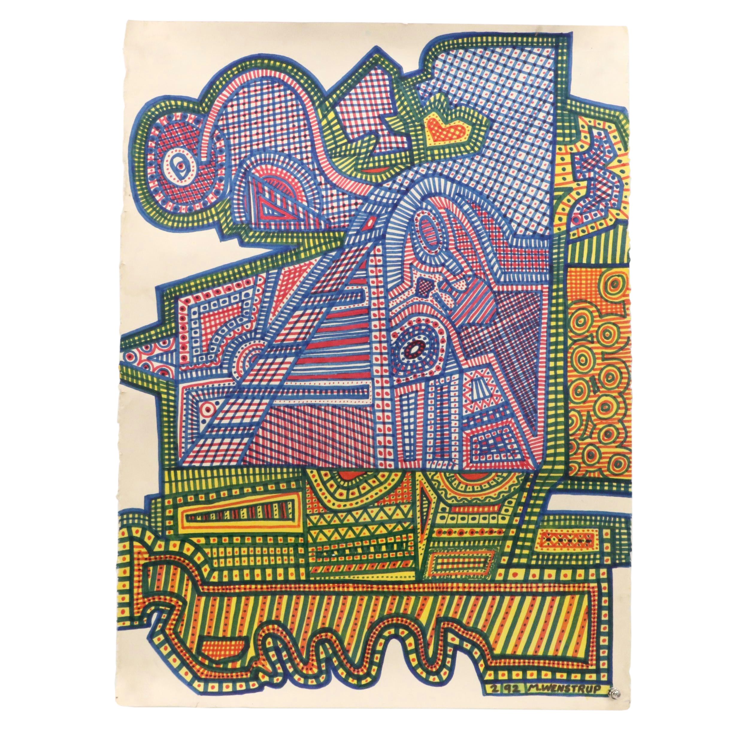 Margaret Wenstrup Abstract Marker Drawings with Geometric Patterns, 1990s