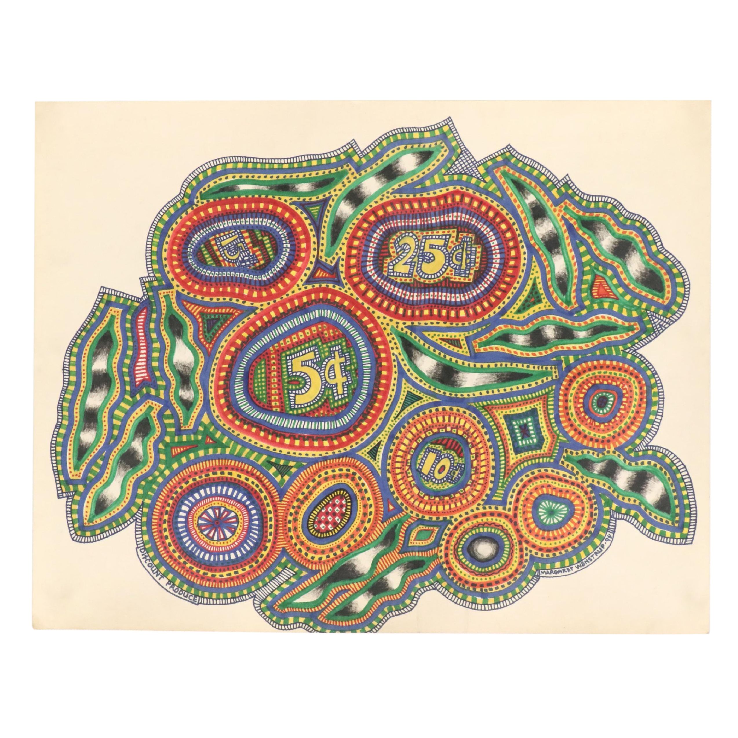 Margaret Wenstrup Abstract Marker Drawings with Geometric Patterns, 1990s