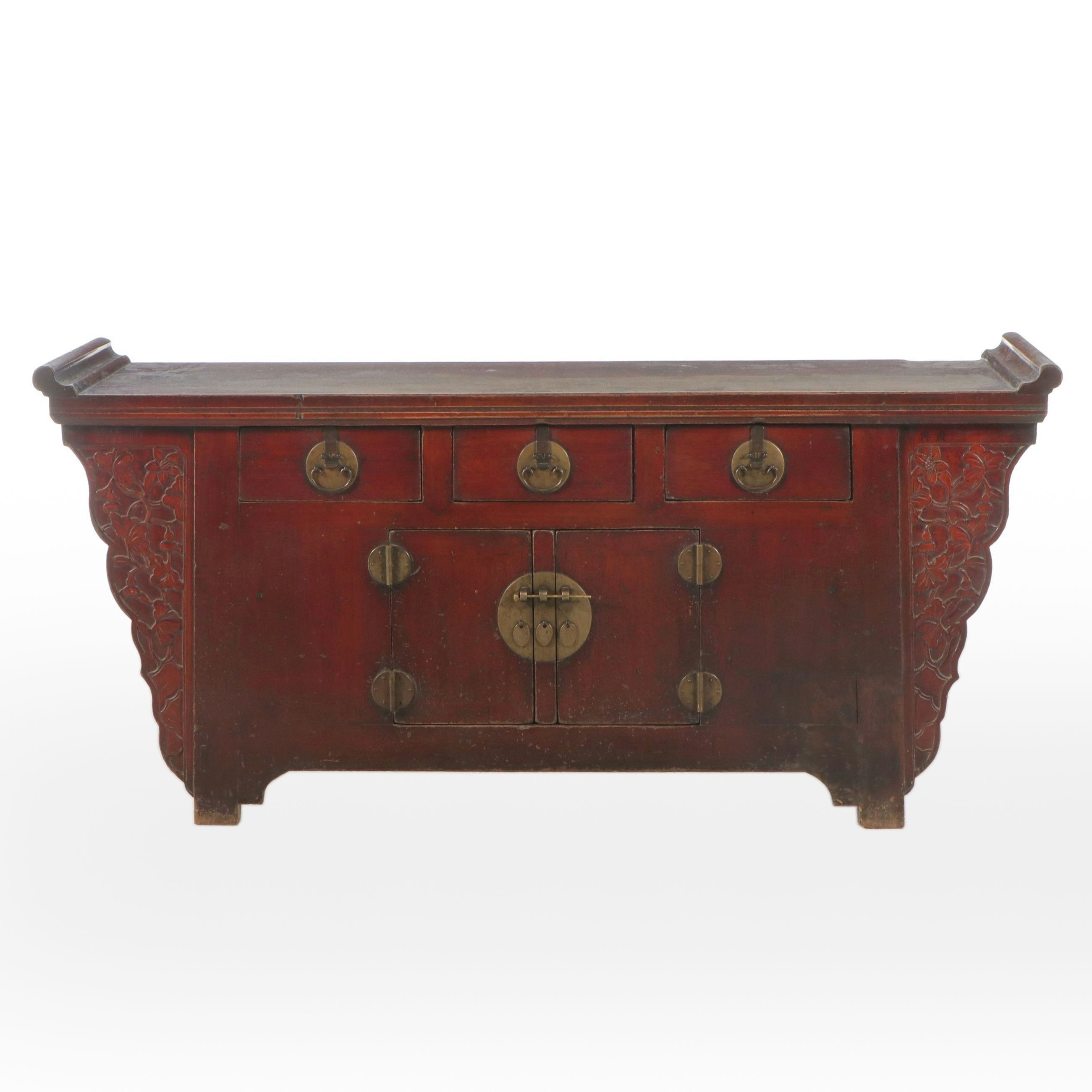 Chinese Red Lacquered Wood Altar-Style Cabinet