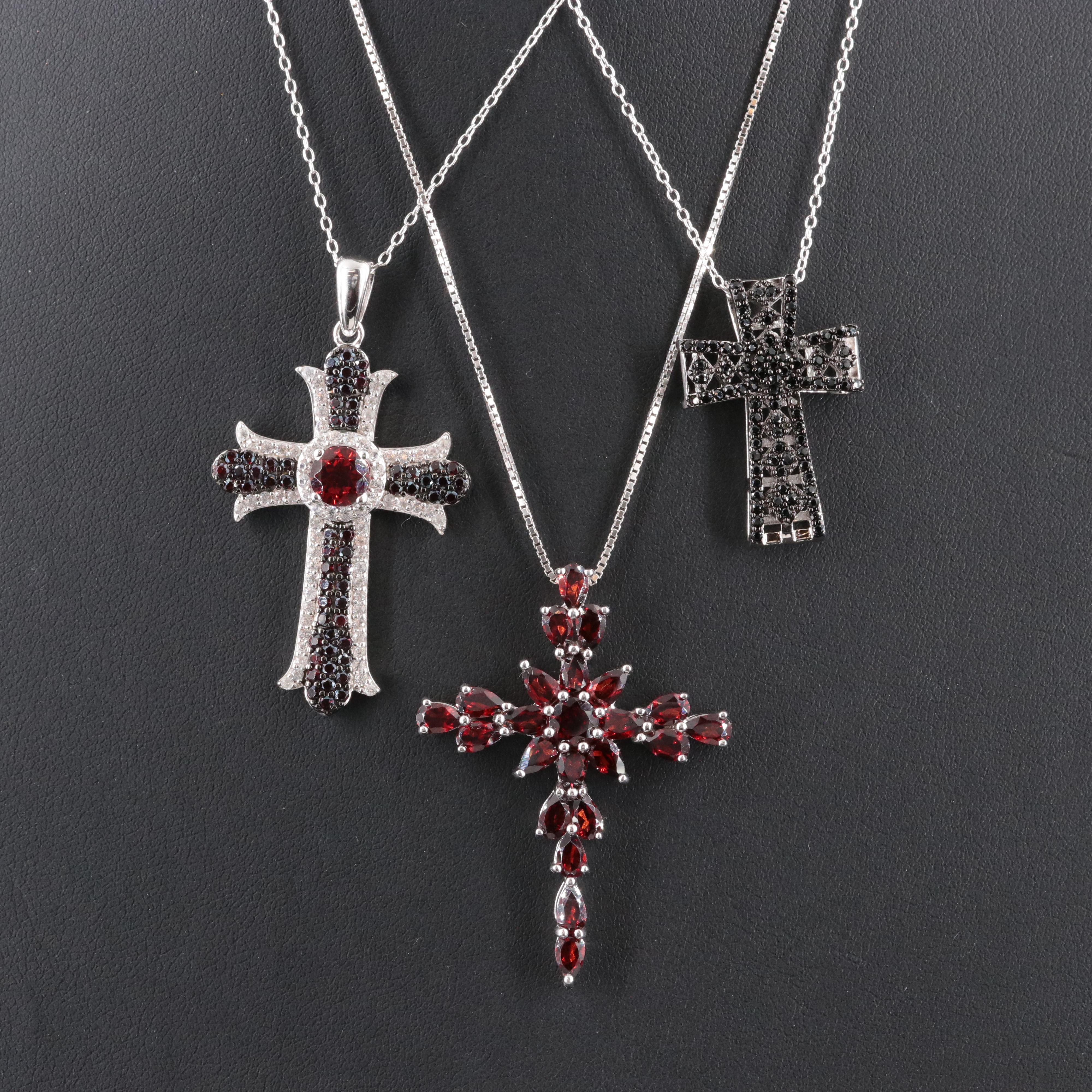 Sterling Cross Pendant Necklaces Featuring Garnet, Zircon and CZ