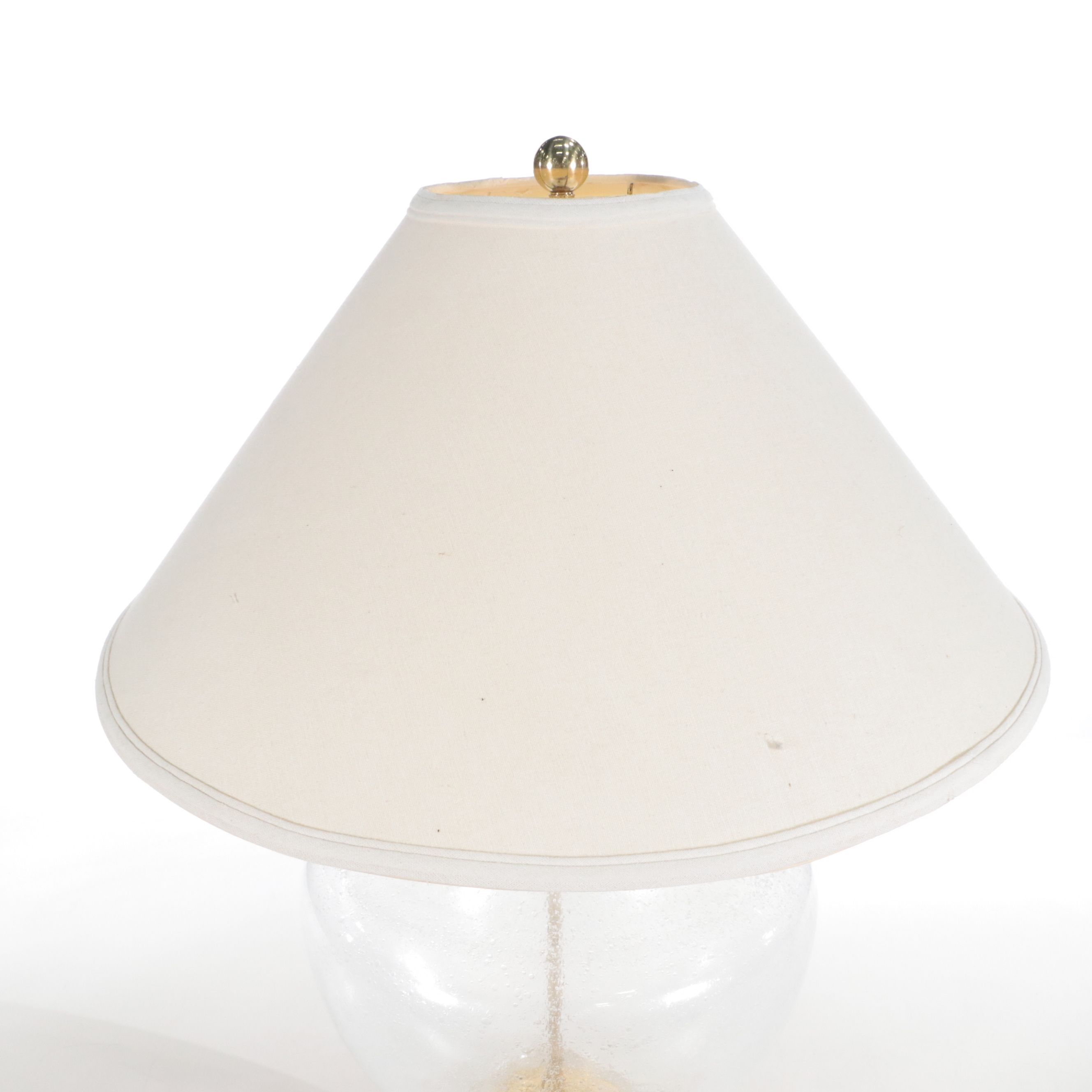 Bulbous Seed Glass and Brass Table Lamp with Cotton Empire Shade