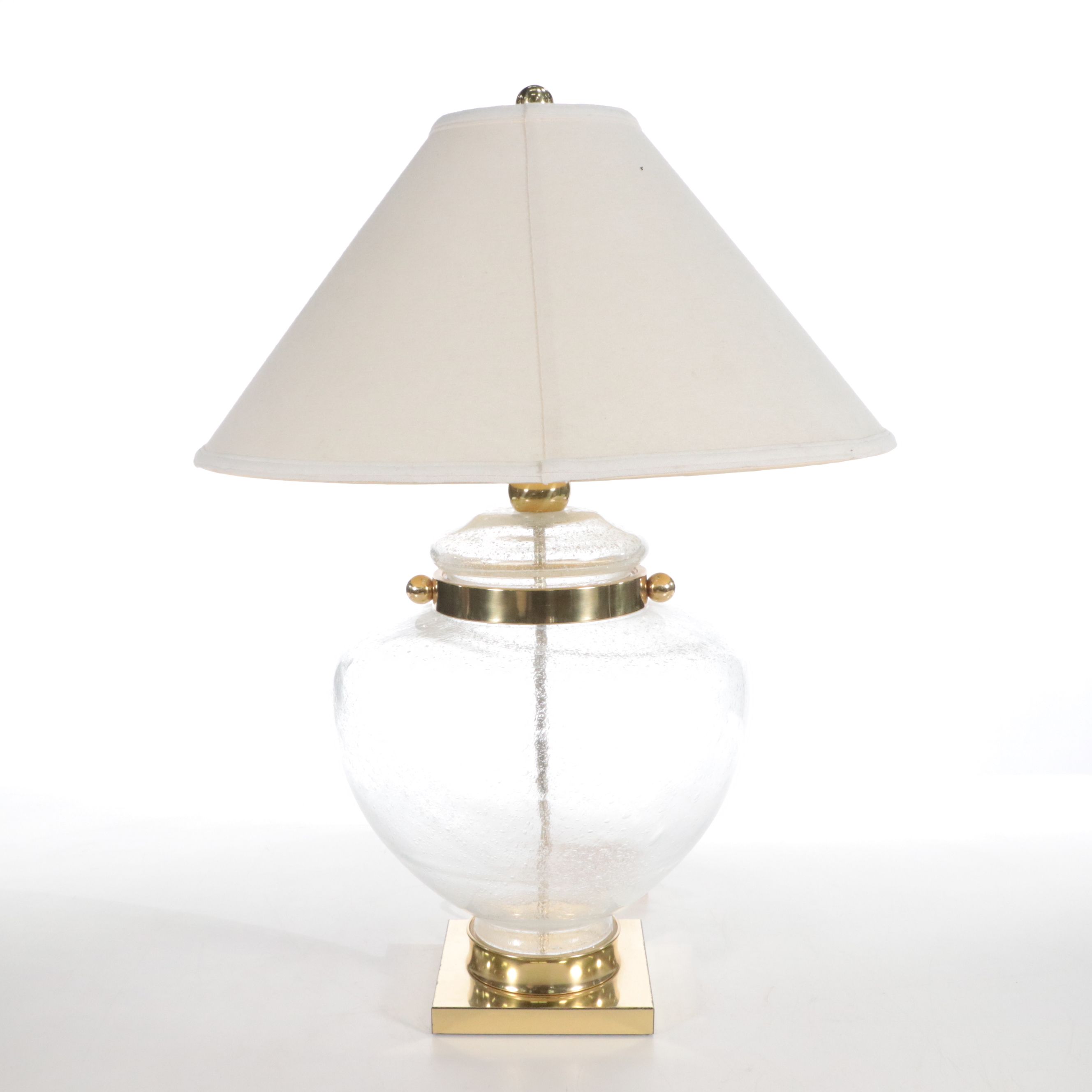 Bulbous Seed Glass and Brass Table Lamp with Cotton Empire Shade