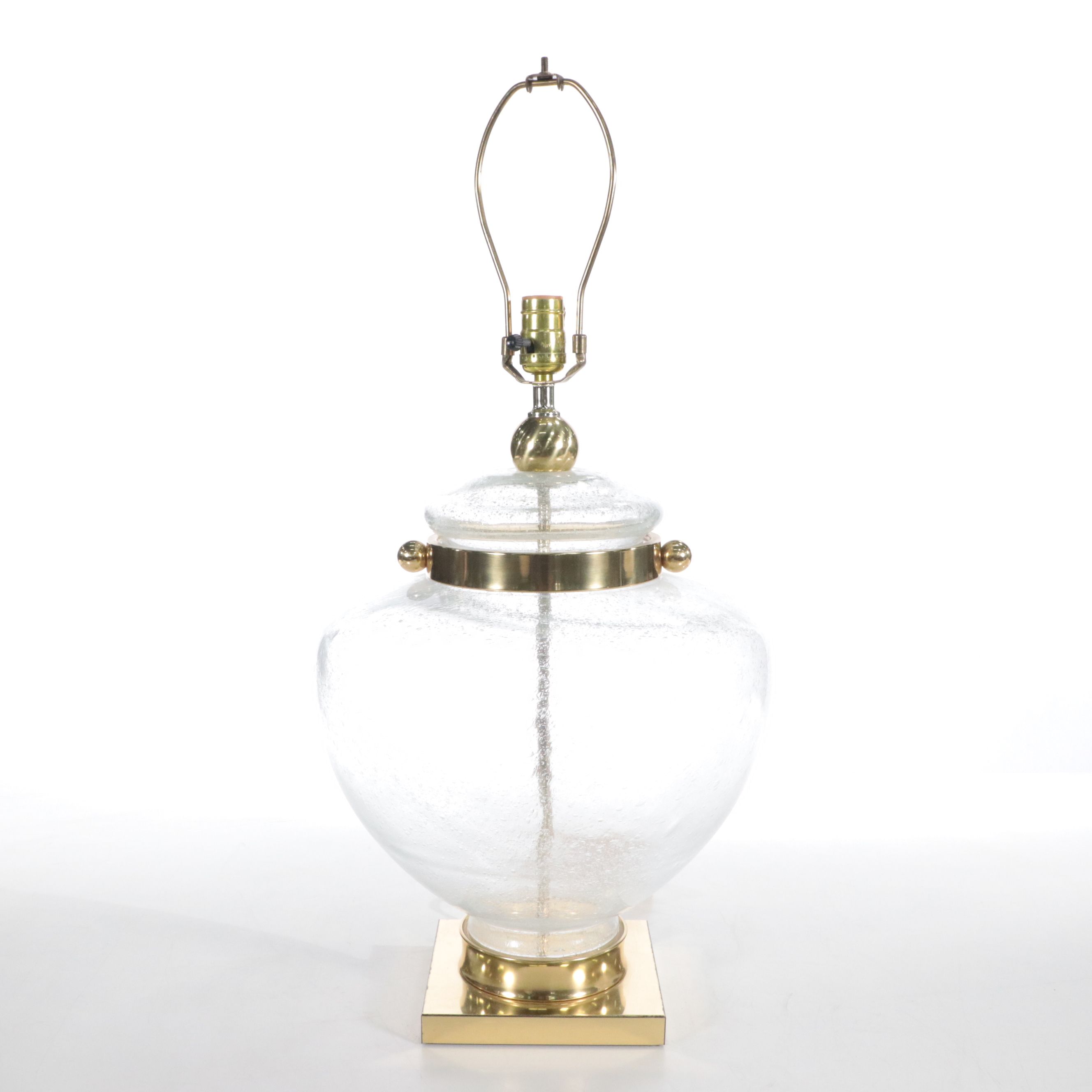 Bulbous Seed Glass and Brass Table Lamp with Cotton Empire Shade