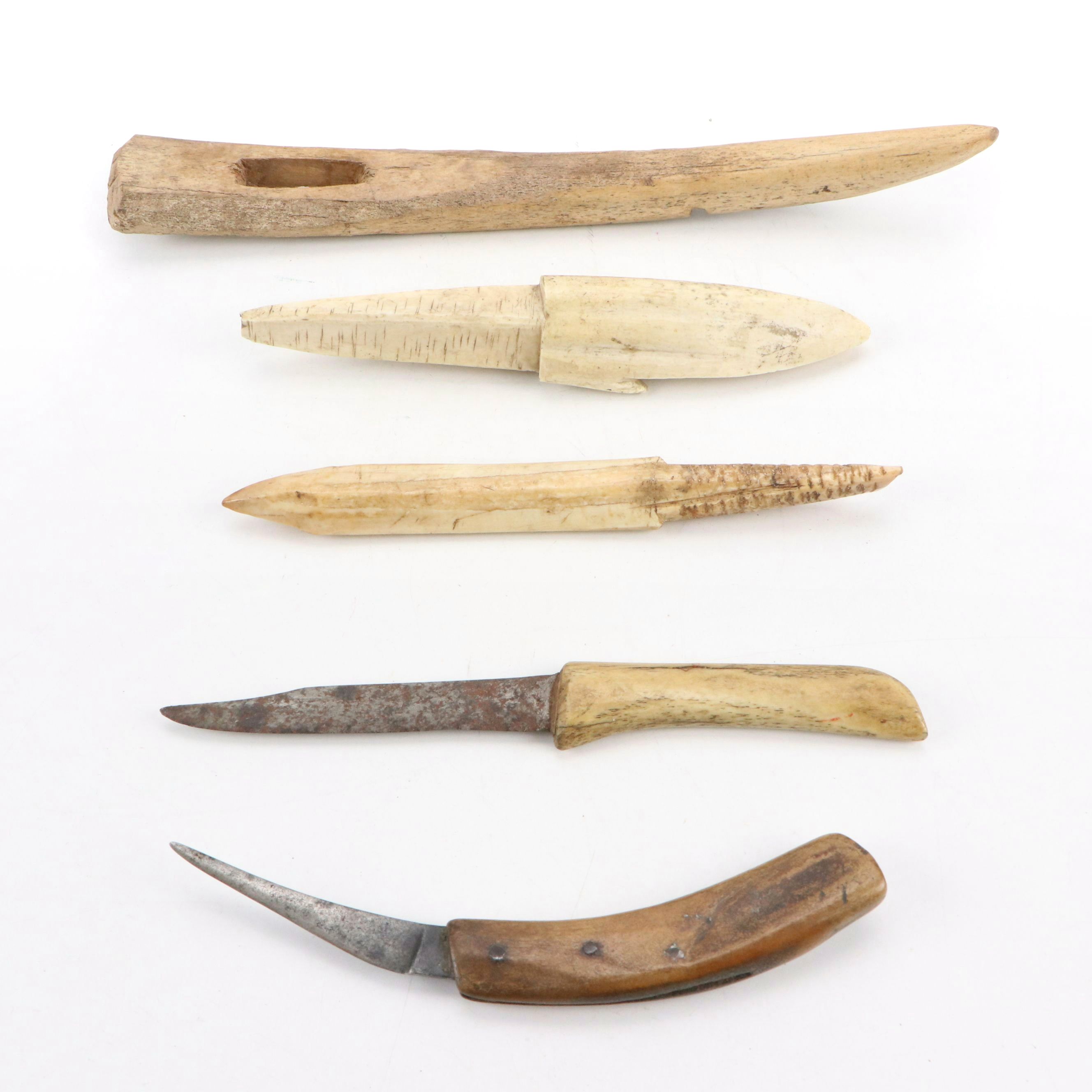 Indigenous Arctic Utility Items, Inuit Metal Blade Knives & Bone Tools