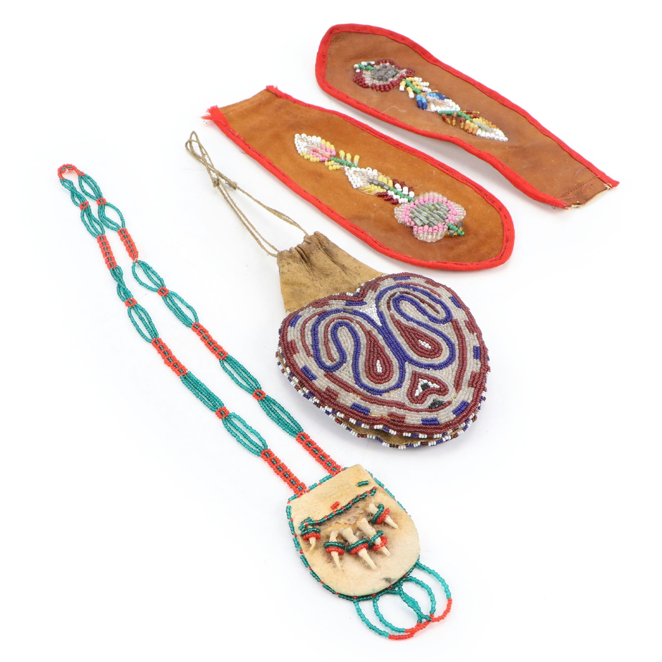 Indigenous American Hand-Beaded Pouches and Floral Beadwork Panels