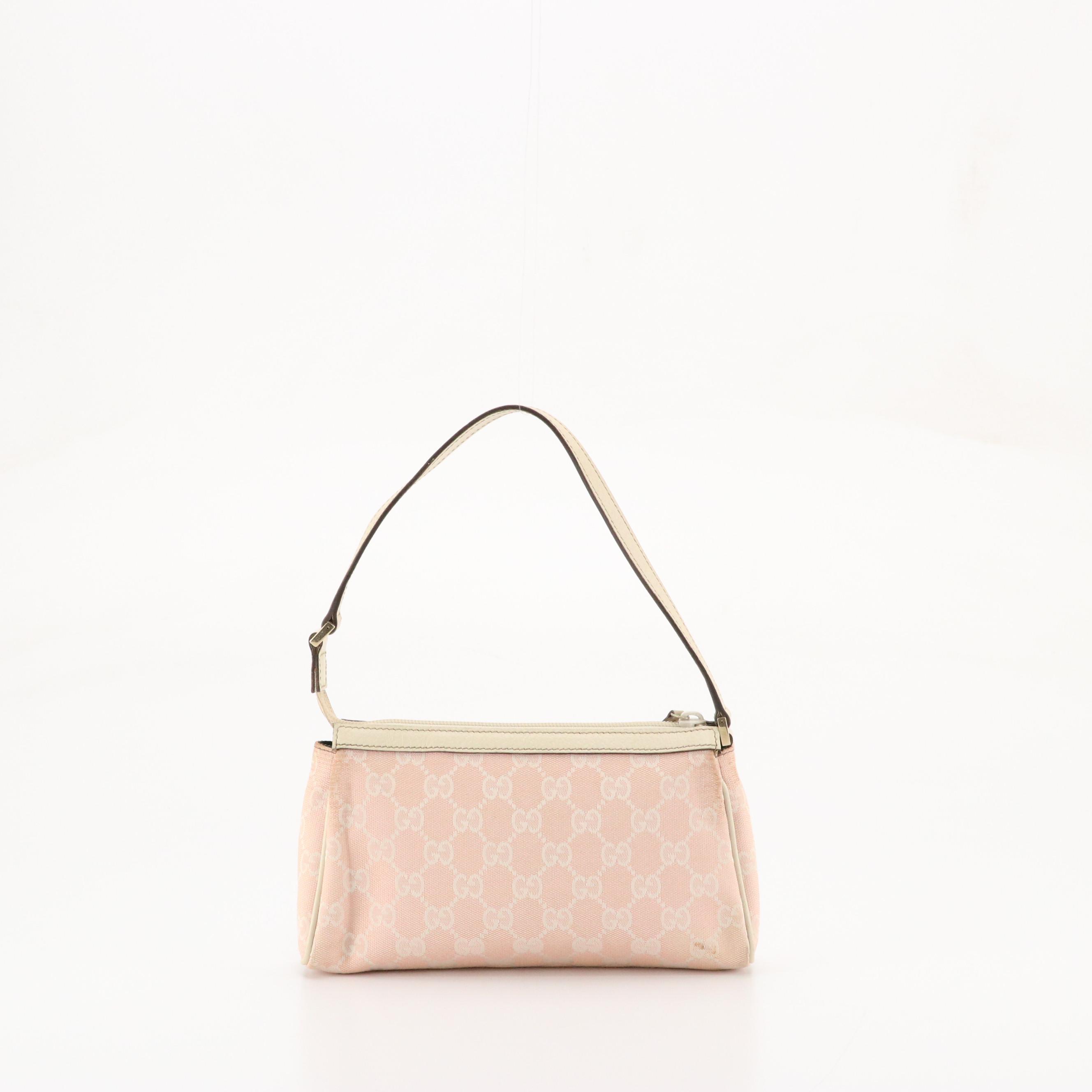 Gucci D-Ring Zip Pochette in Baby Pink GG Canvas & Ivory Cinghiale Leather Trim