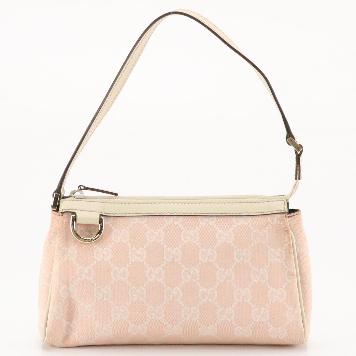 Gucci D-Ring Zip Pochette in Baby Pink GG Canvas & Ivory Cinghiale Leather Trim