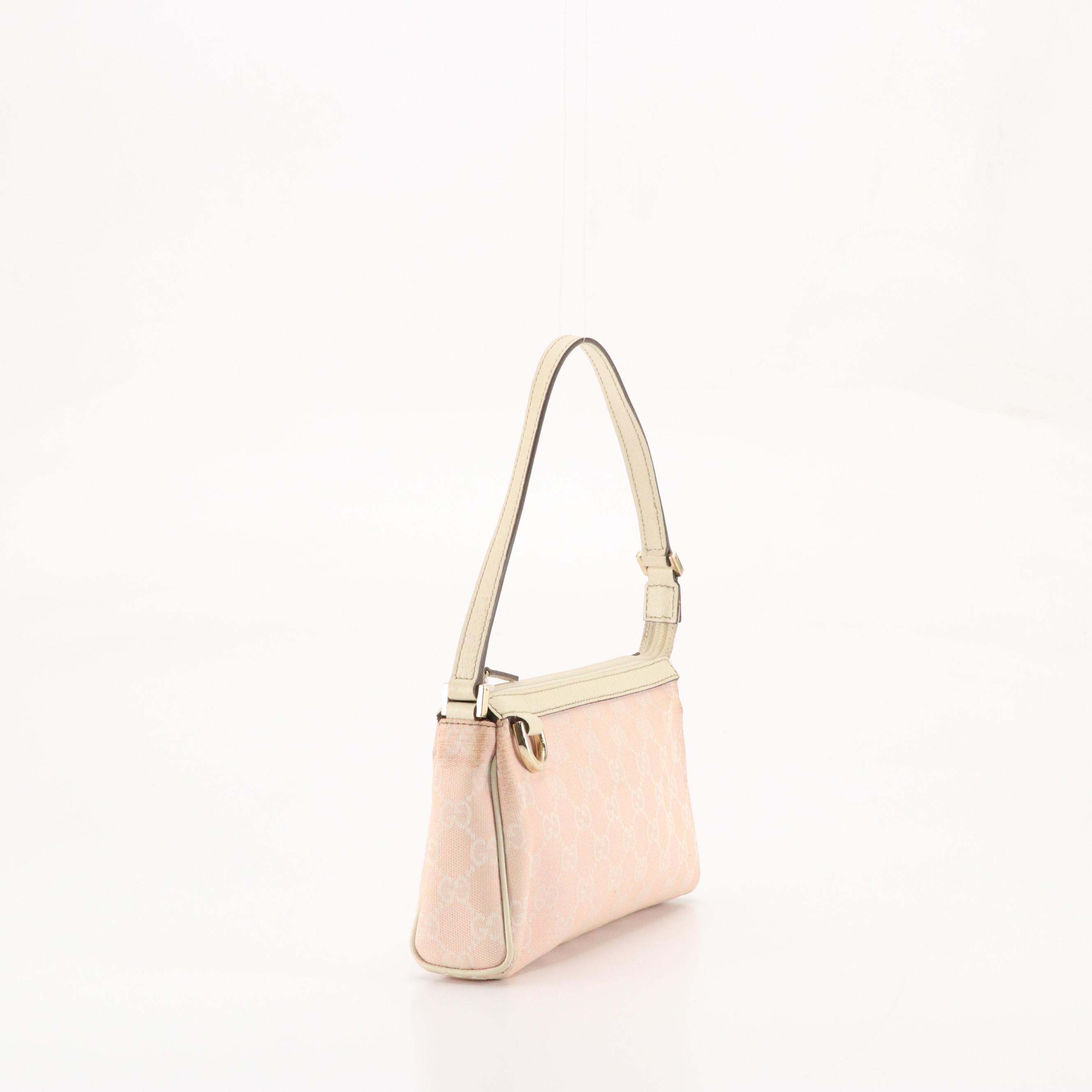 Gucci D-Ring Zip Pochette in Baby Pink GG Canvas & Ivory Cinghiale Leather Trim