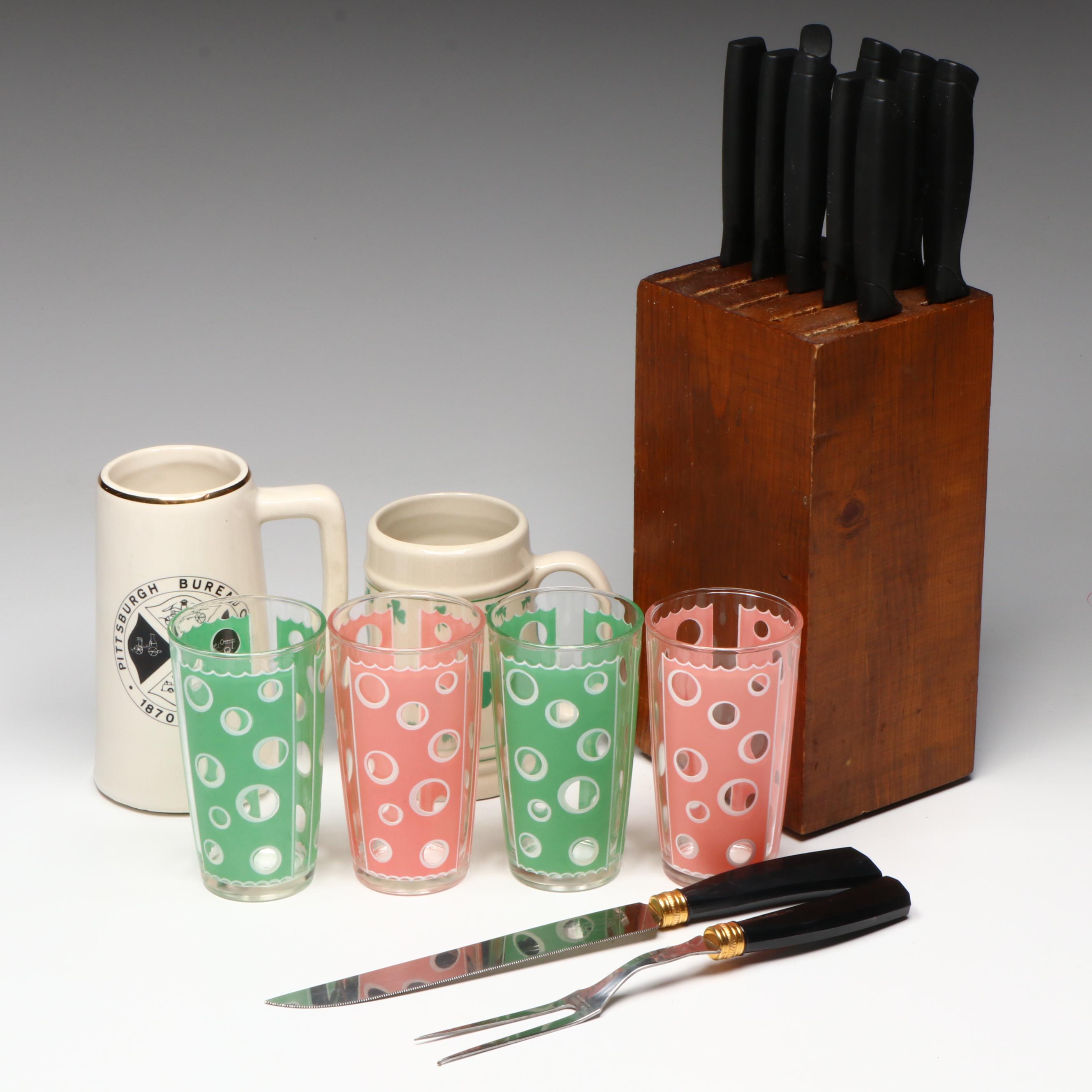 Vintage Fred Press "Circle" Tumblers with Ceramic Steins and Knife Block