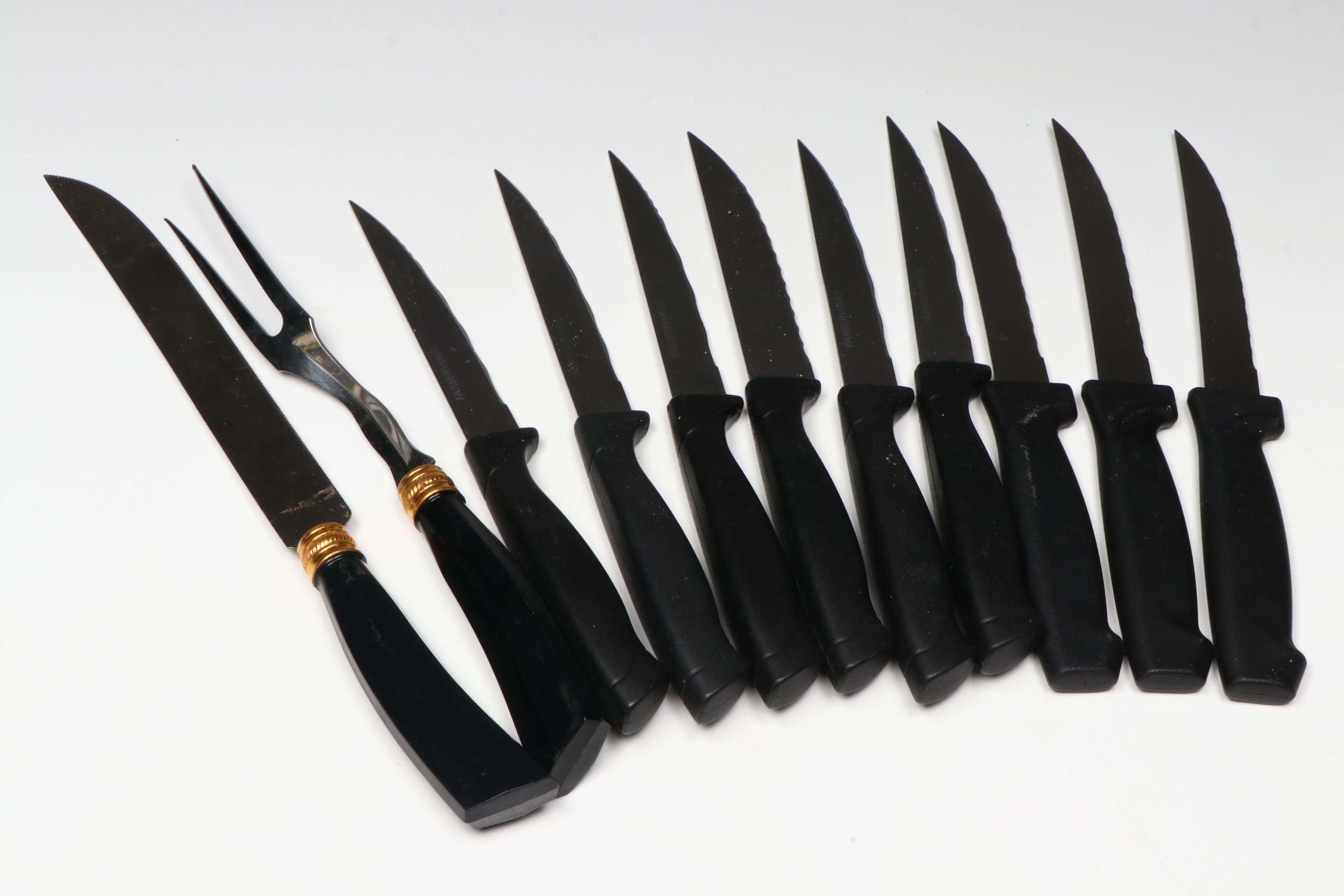 Vintage Fred Press "Circle" Tumblers with Ceramic Steins and Knife Block