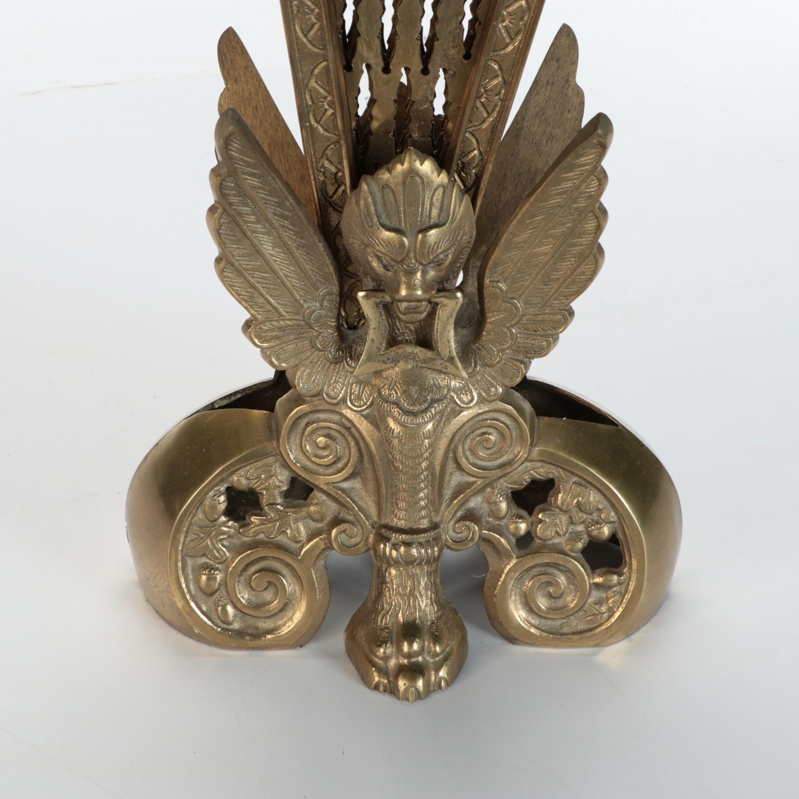 Victorian Egyptian Revival Brass Peacock Fan Fireplace Screen