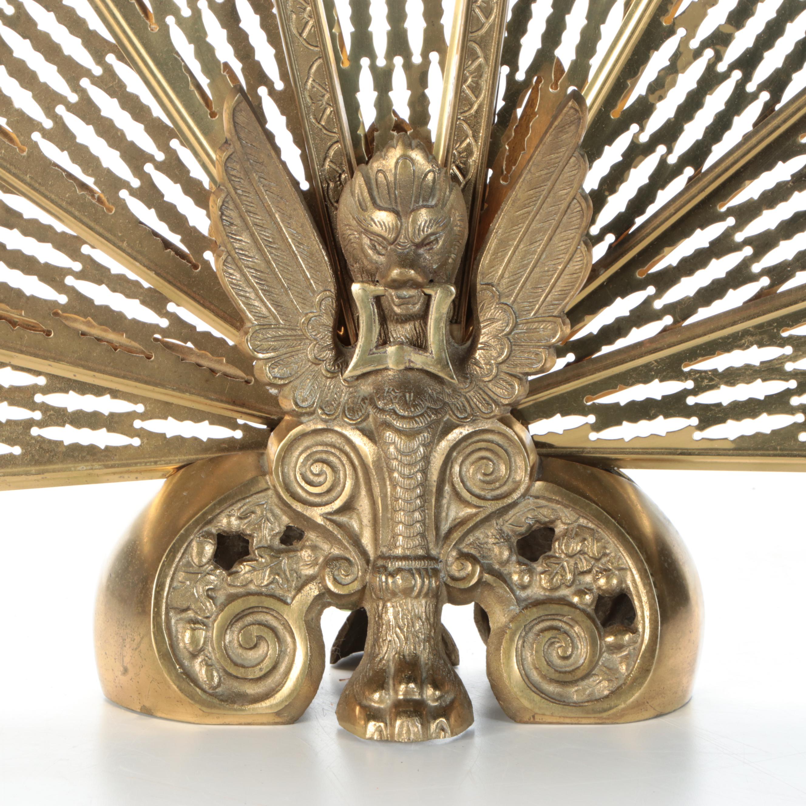 Victorian Egyptian Revival Brass Peacock Fan Fireplace Screen