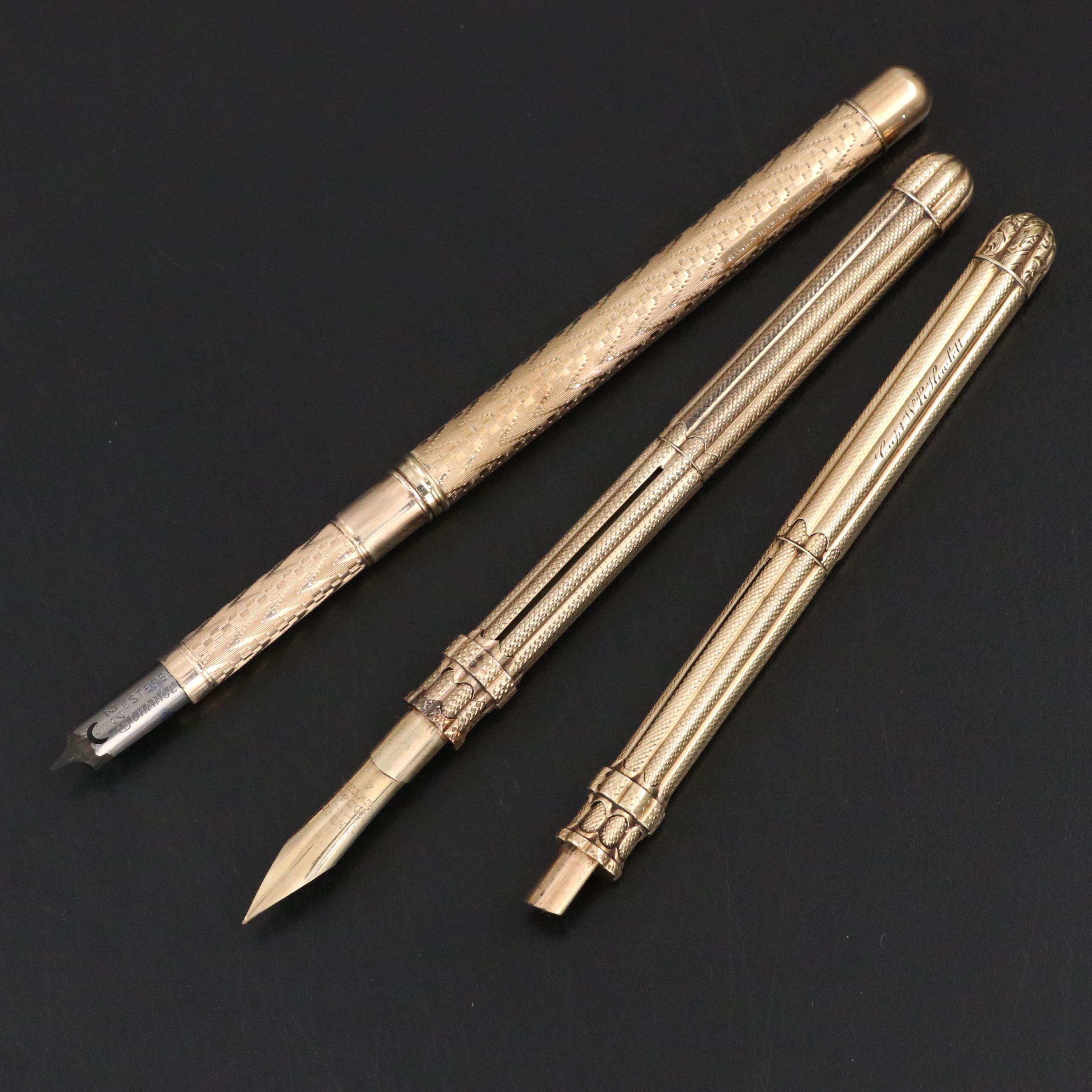 Engraved Gilt Retractable Dip Pens, Late 19th Century
