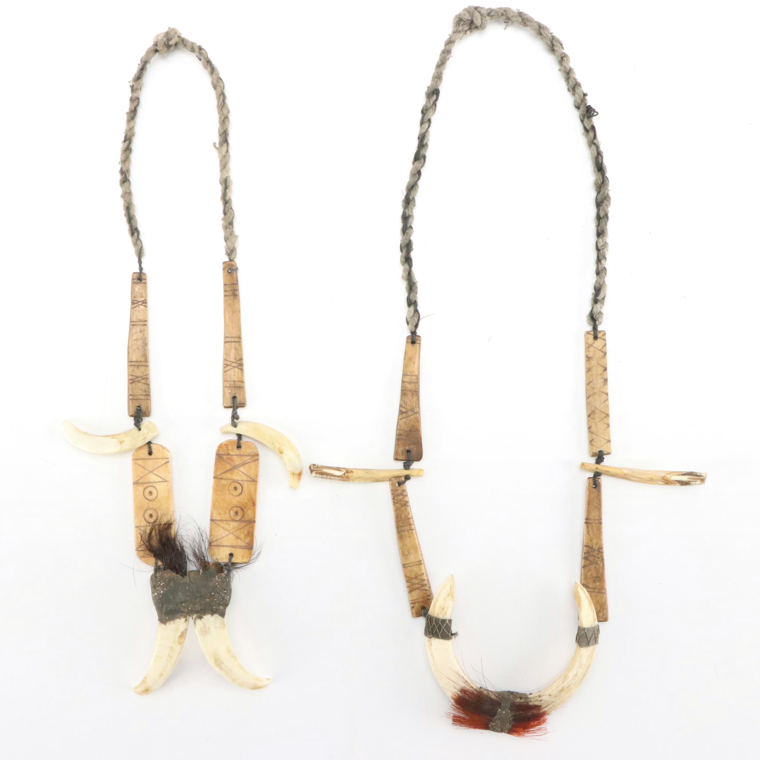 Papua New Guinea Carved Bone Necklaces with Boar Tusks and Pig Teeth