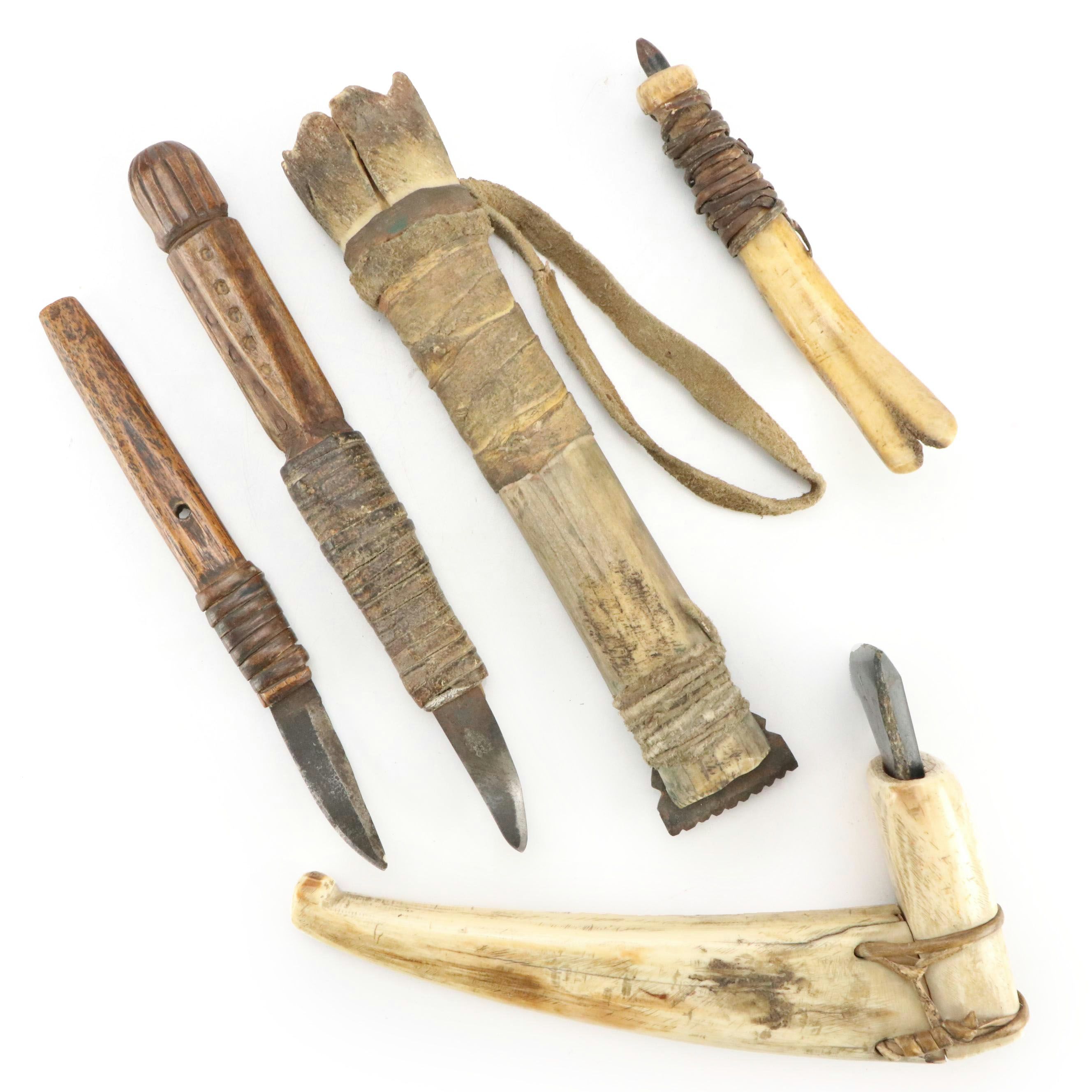 Arctic Indigenous Bone and Antler Hide Scrapers with Other Carved Wood Knives