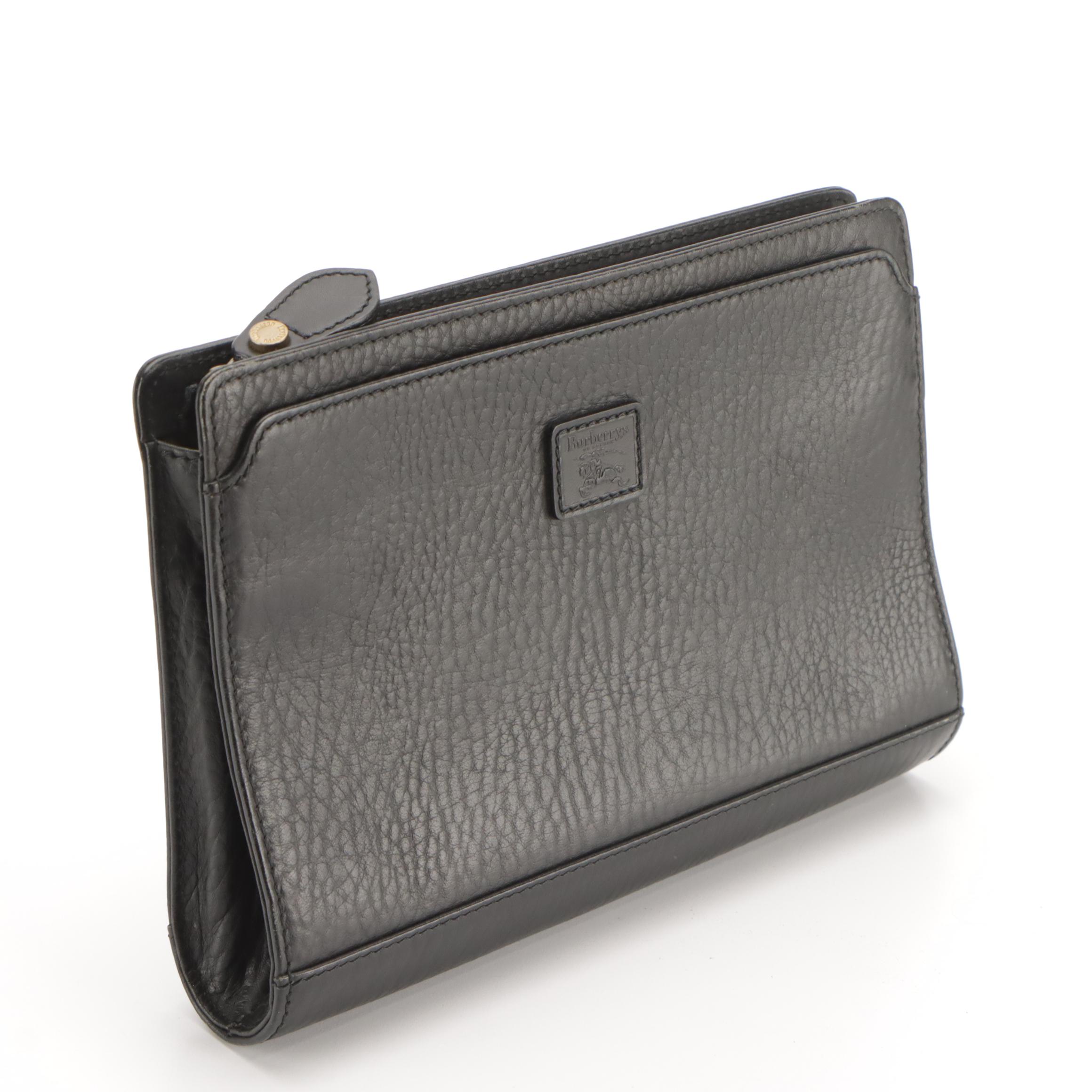 Burberrys Vintage Zippered Organizer Clutch in Black Grained Calfskin Leather