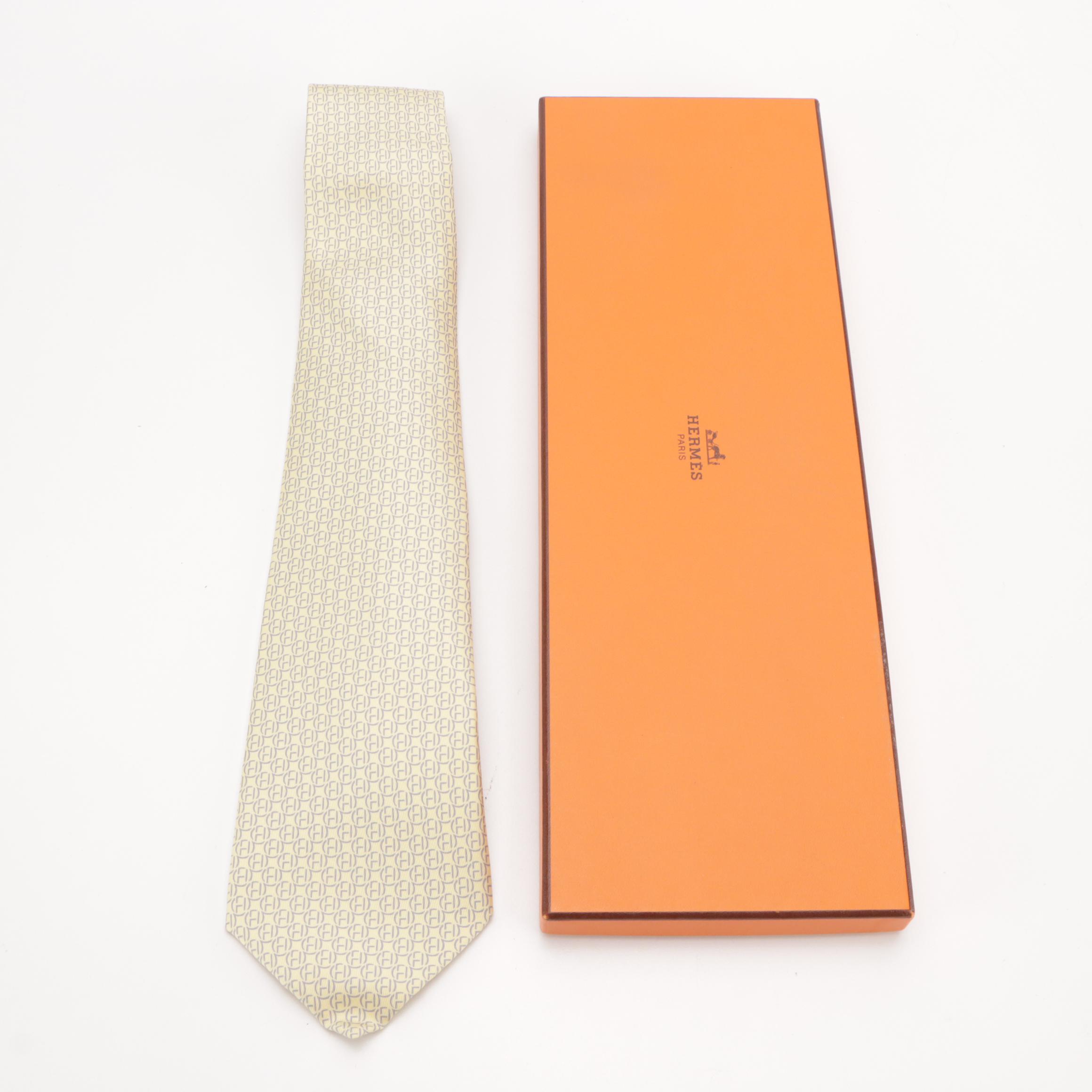 Hermès Circle H Pattern Tall Necktie in Silk Twill with Box