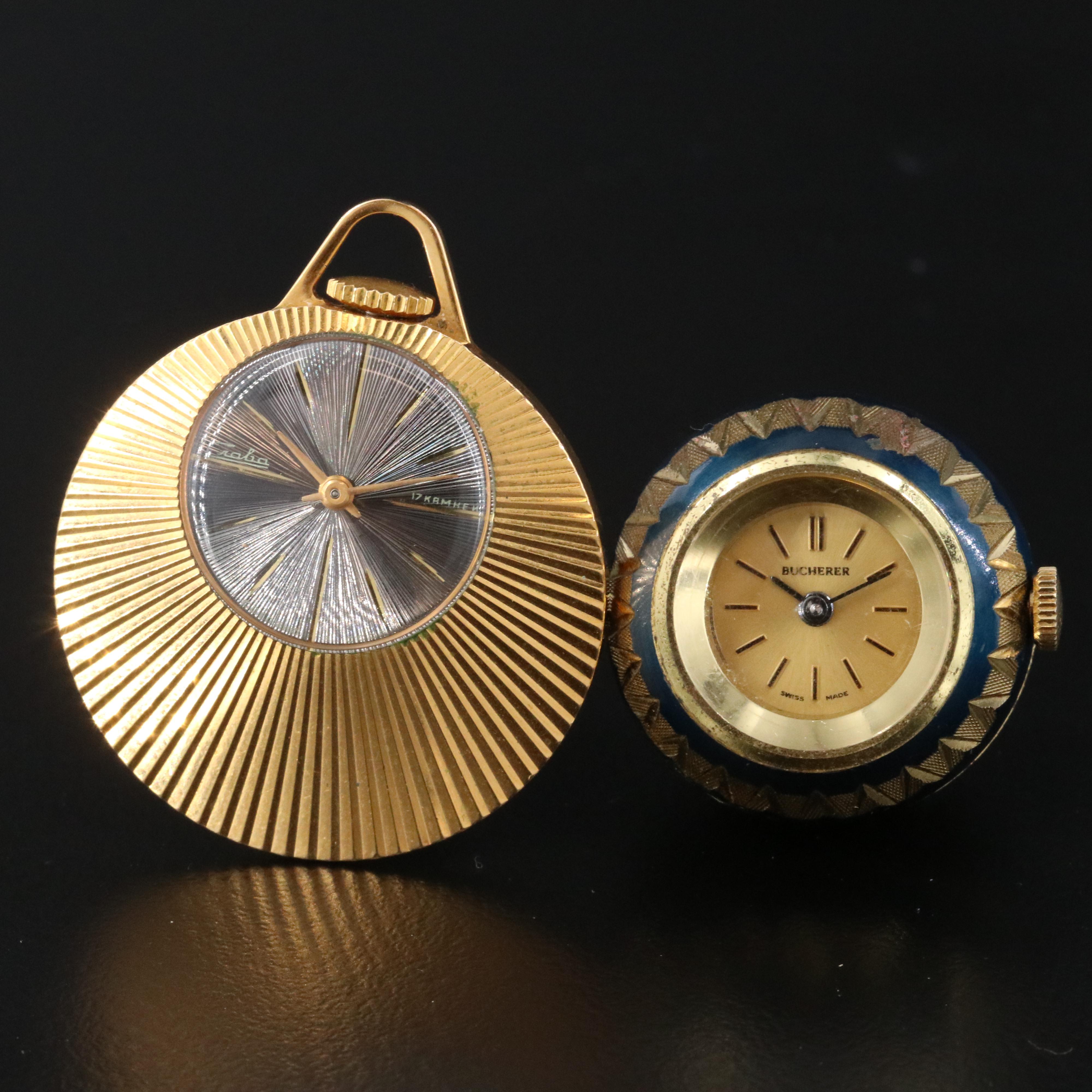 Croba Russian Gold Filled and Bucherer Enamel with Gilt Swiss Pendant Watches