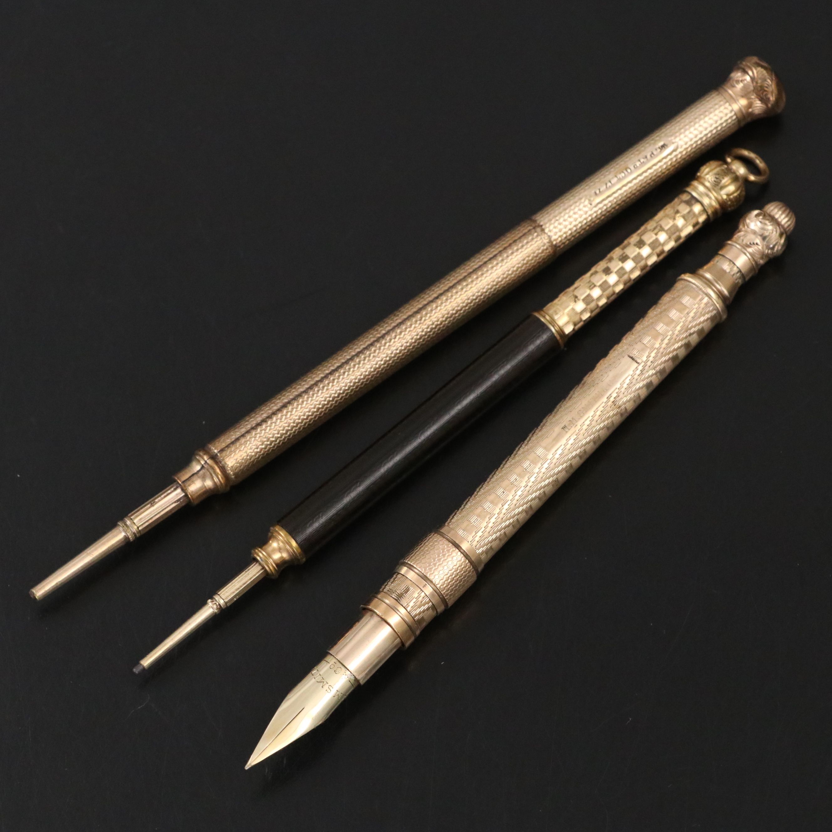 Engraved Gold Plate Mechanical Pencils and Ink Dip Pen