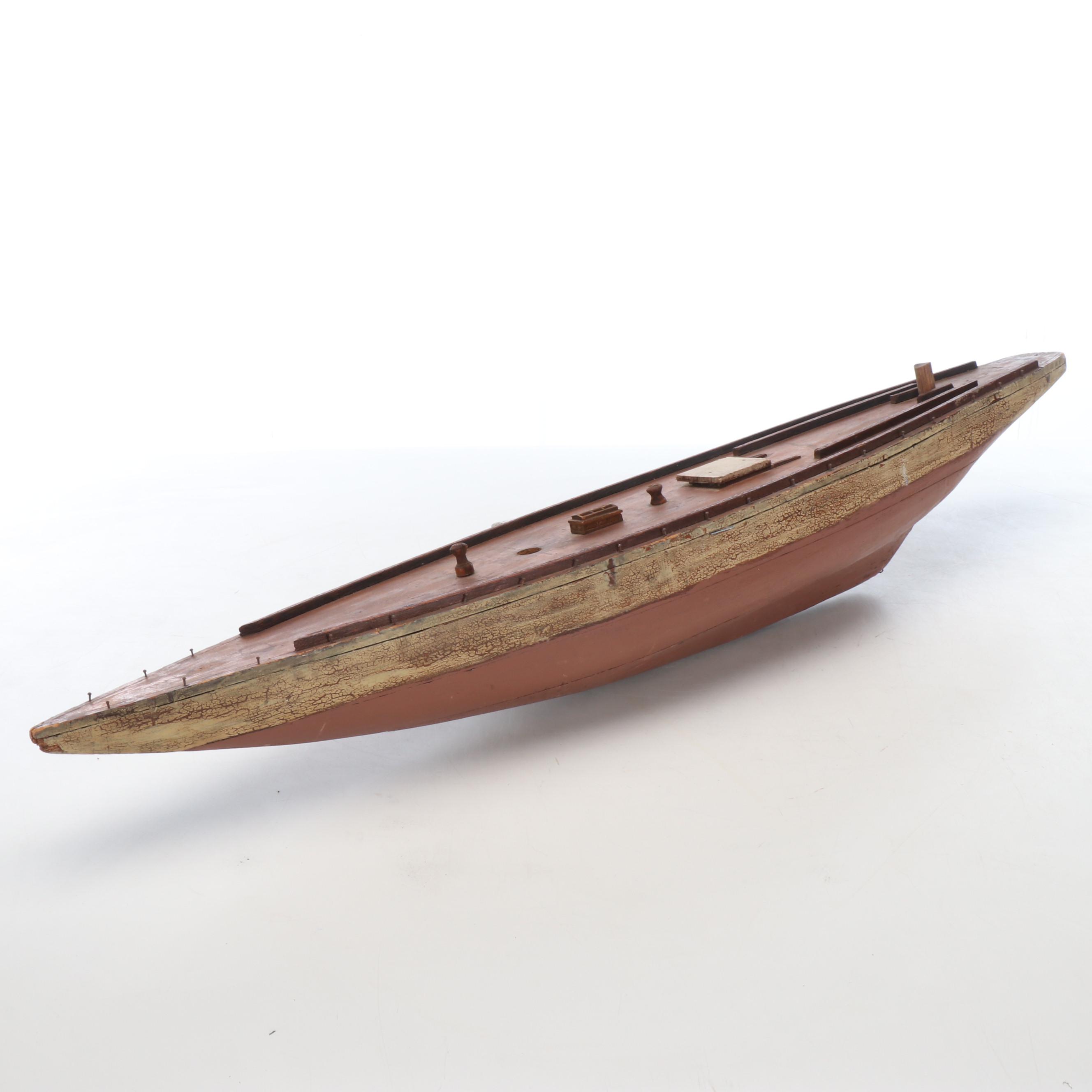 Large American or English Folk Art Wooden Pond Yacht Hull, Circa 1890–1920