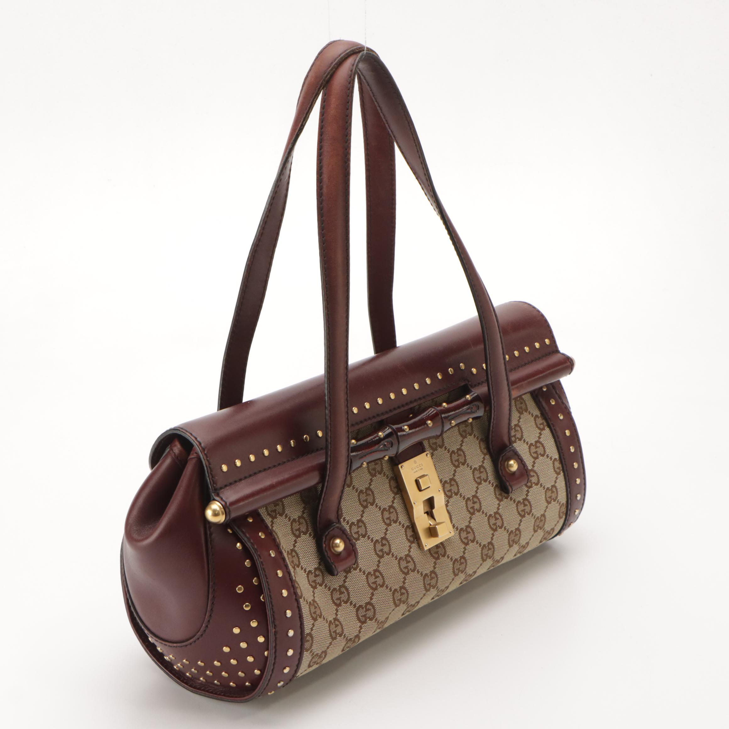 Gucci Bamboo Bullet Shoulder Bag in GG Canvas and Burgundy Studded Leather