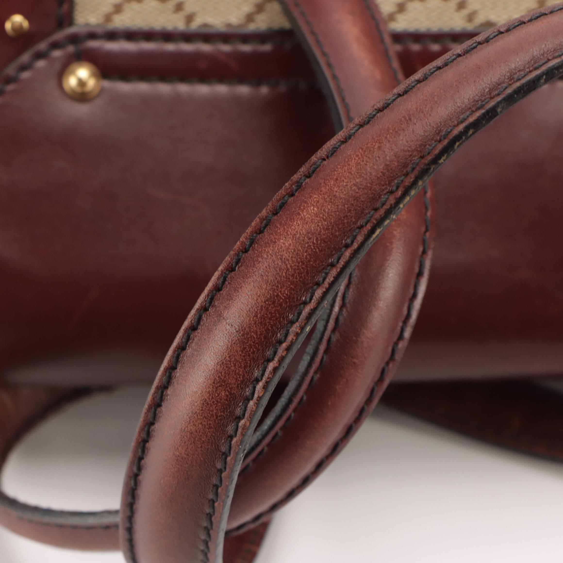 Gucci Bamboo Bullet Shoulder Bag in GG Canvas and Burgundy Studded Leather