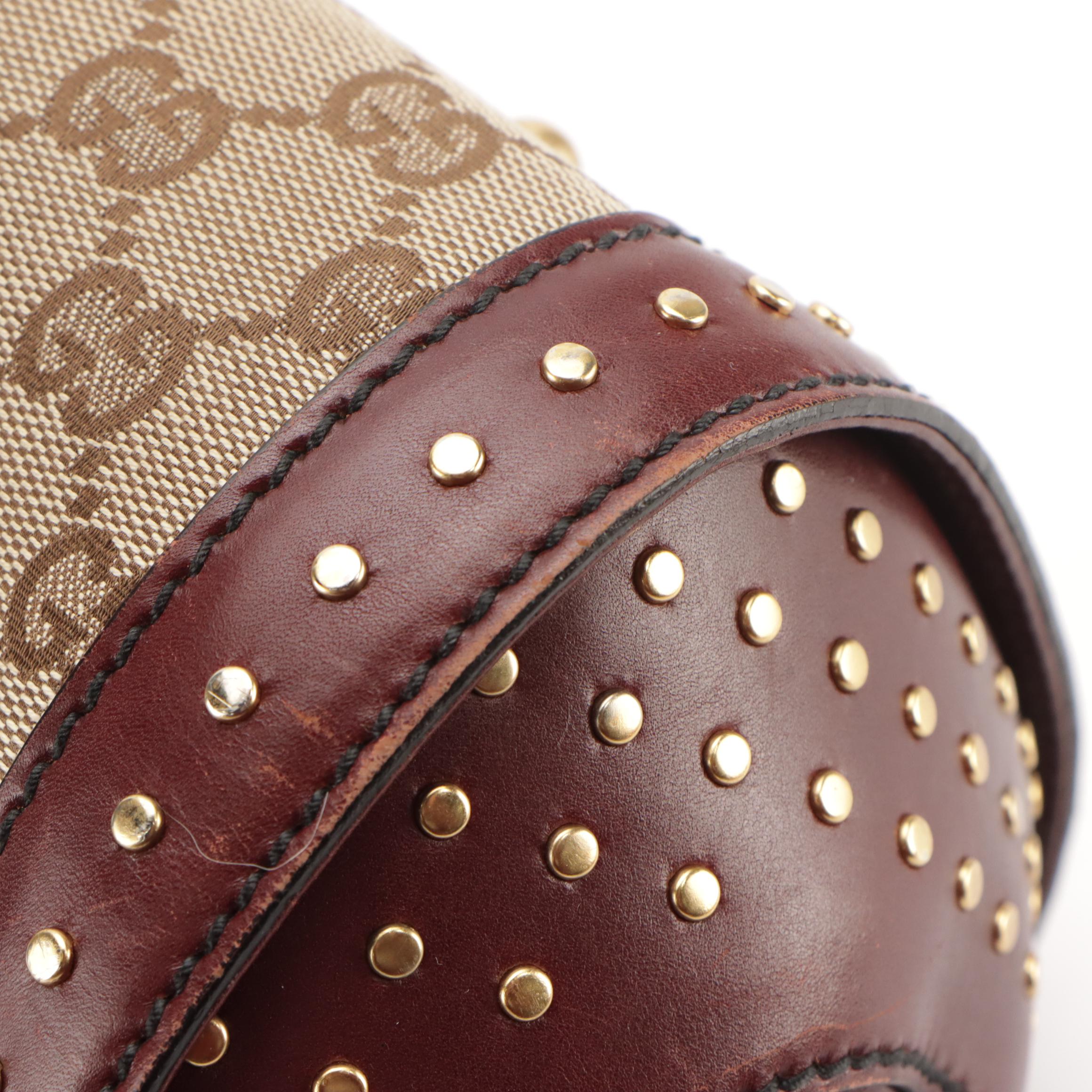 Gucci Bamboo Bullet Shoulder Bag in GG Canvas and Burgundy Studded Leather