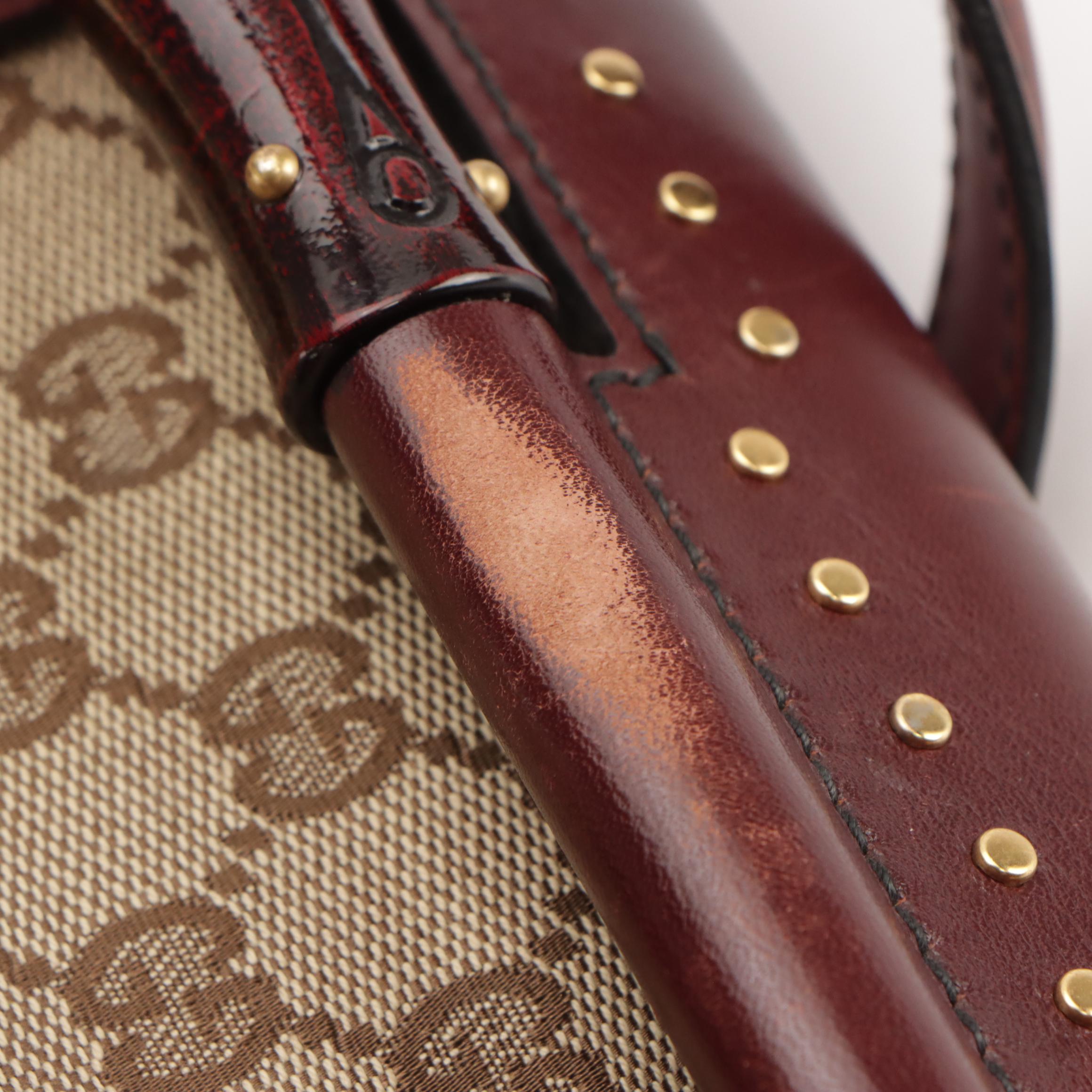 Gucci Bamboo Bullet Shoulder Bag in GG Canvas and Burgundy Studded Leather