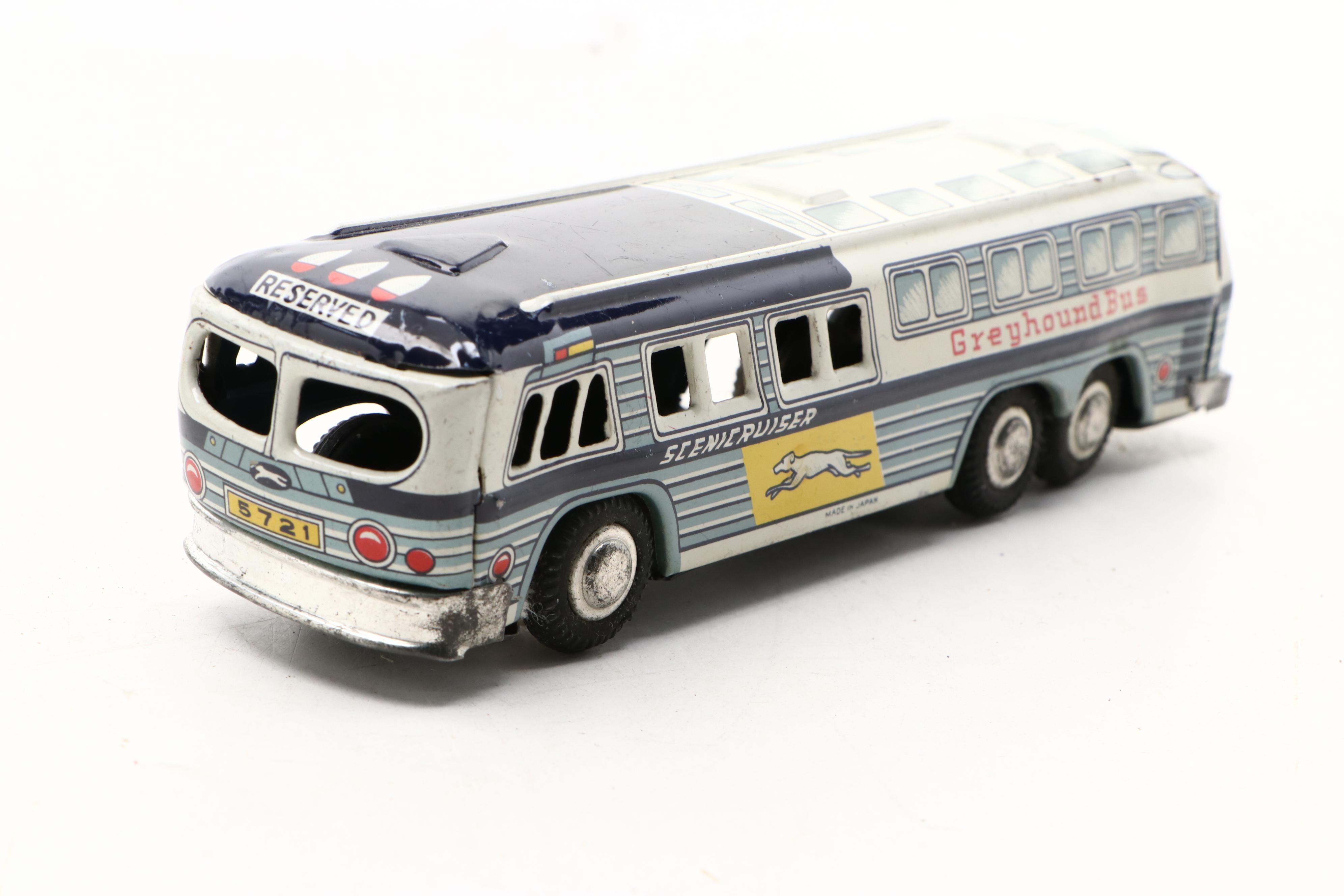 Vintage Toy Greyhound Bus with More Japanese and German Toy Cars and Trucks