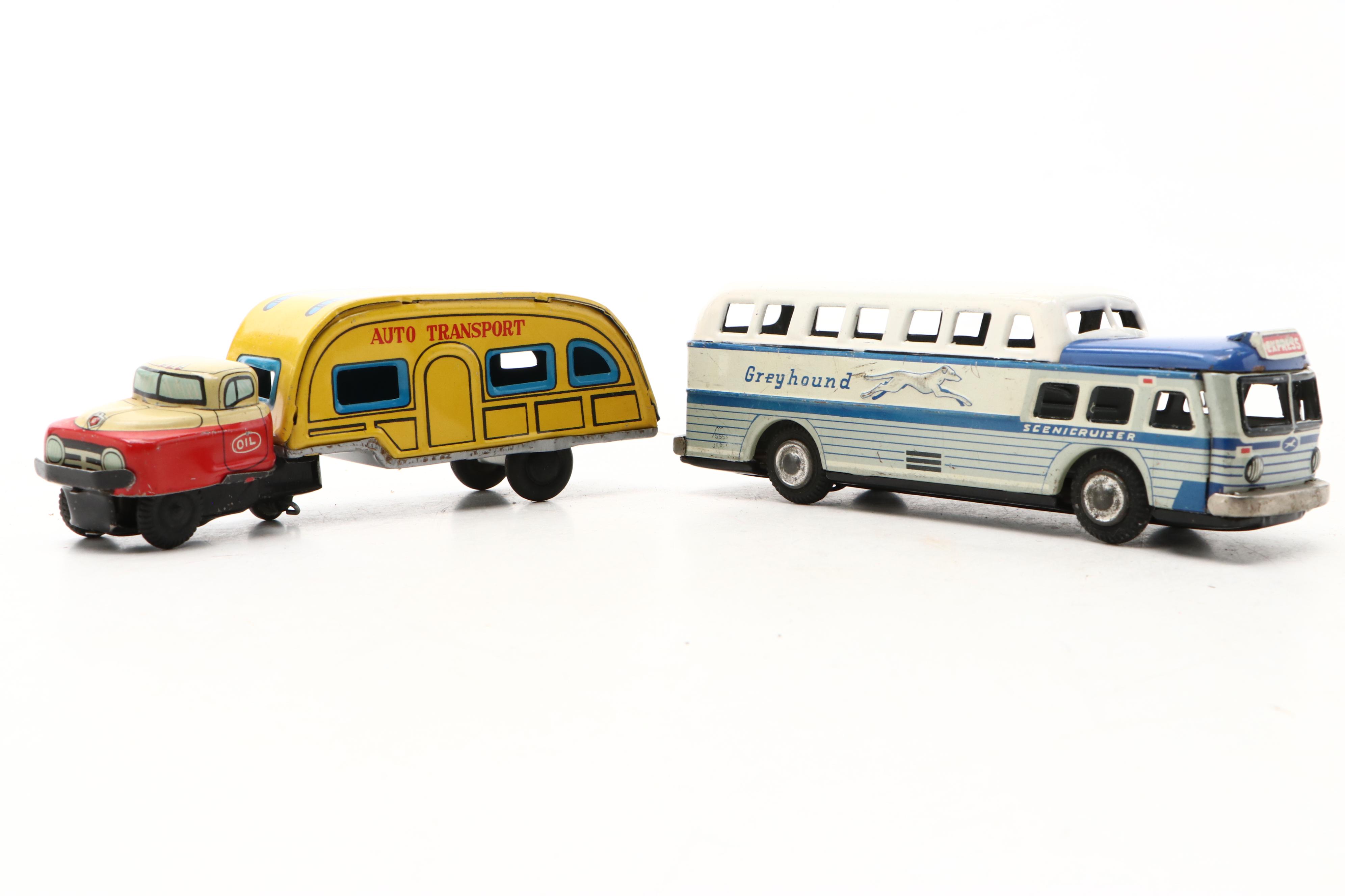Vintage Toy Greyhound Bus with More Japanese and German Toy Cars and Trucks