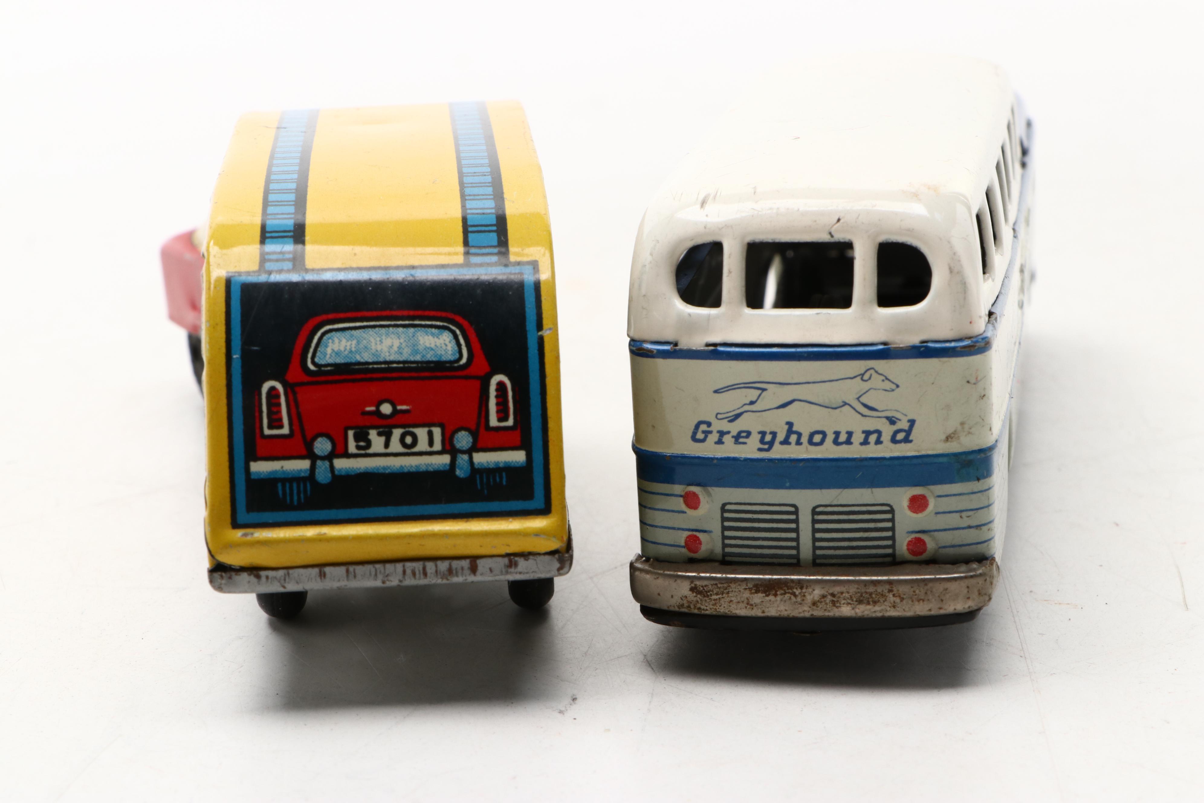 Vintage Toy Greyhound Bus with More Japanese and German Toy Cars and Trucks