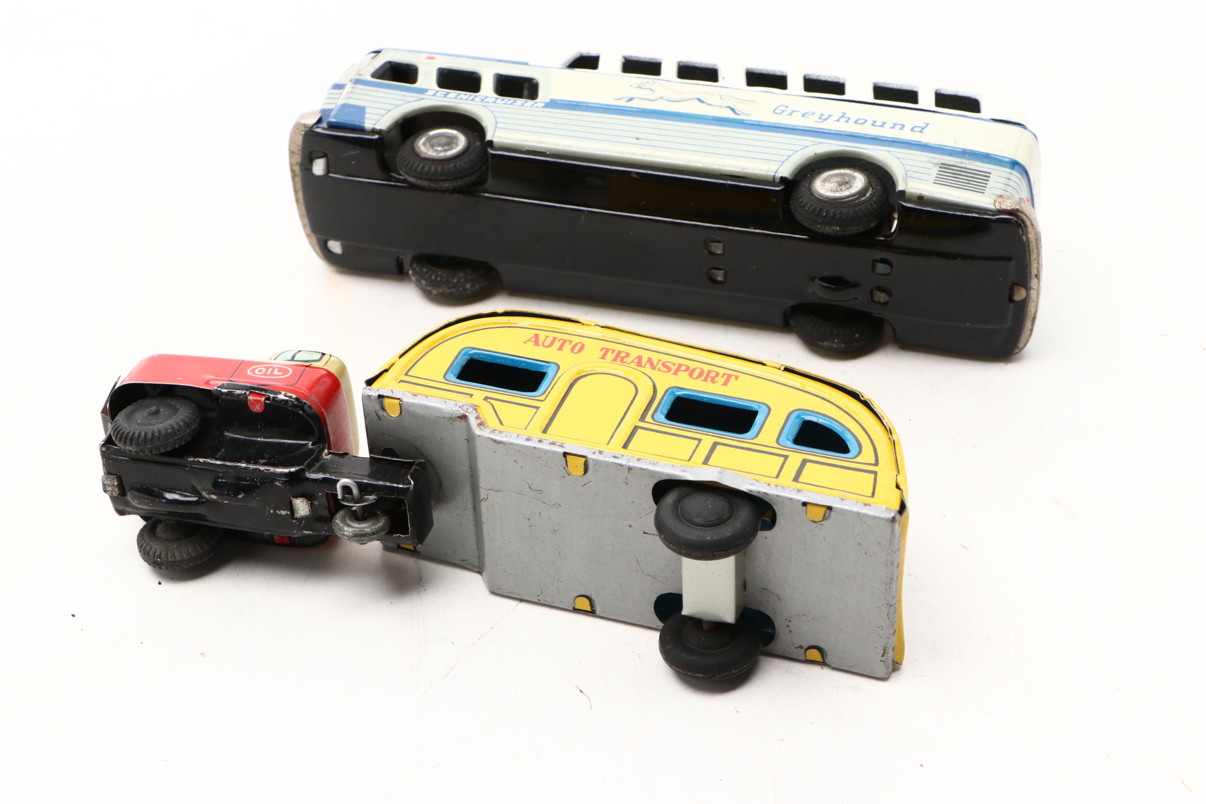 Vintage Toy Greyhound Bus with More Japanese and German Toy Cars and Trucks