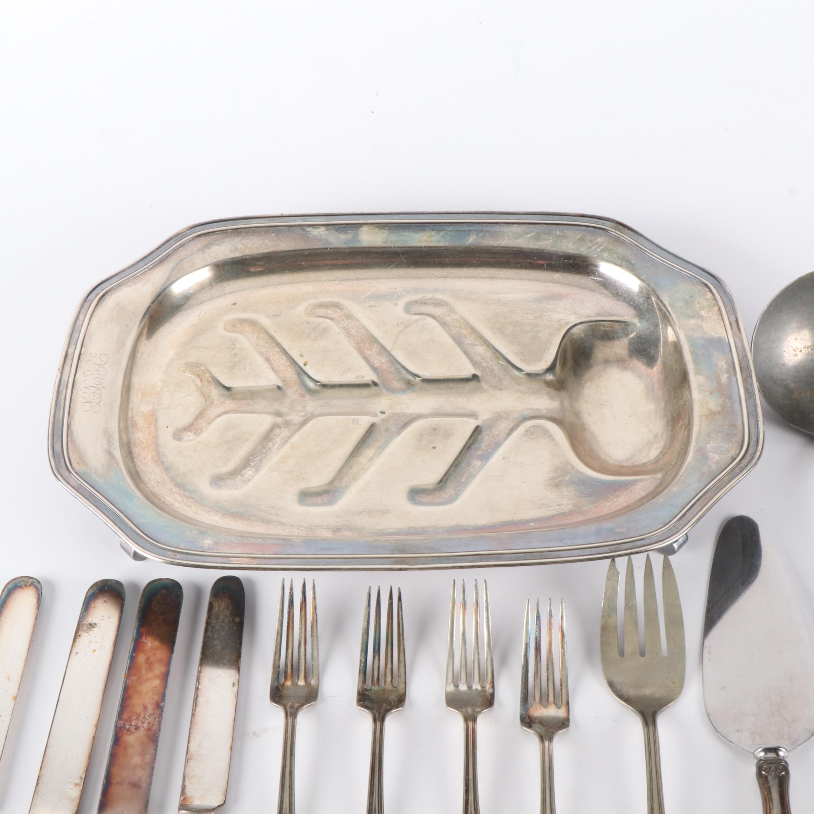 Barbour Silver Co. Footed Meat Platter with Flatware and Serving Utensils