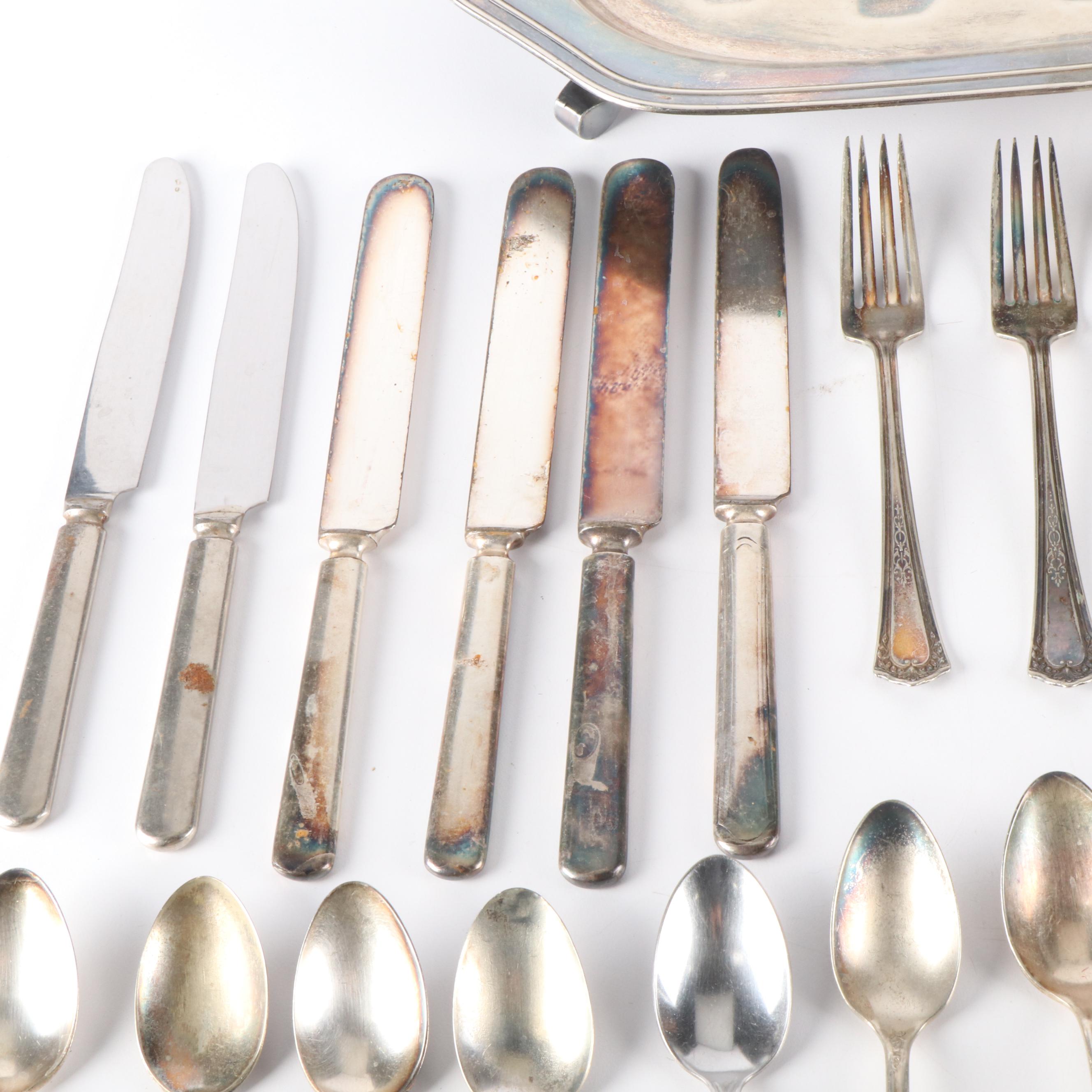 Barbour Silver Co. Footed Meat Platter with Flatware and Serving Utensils