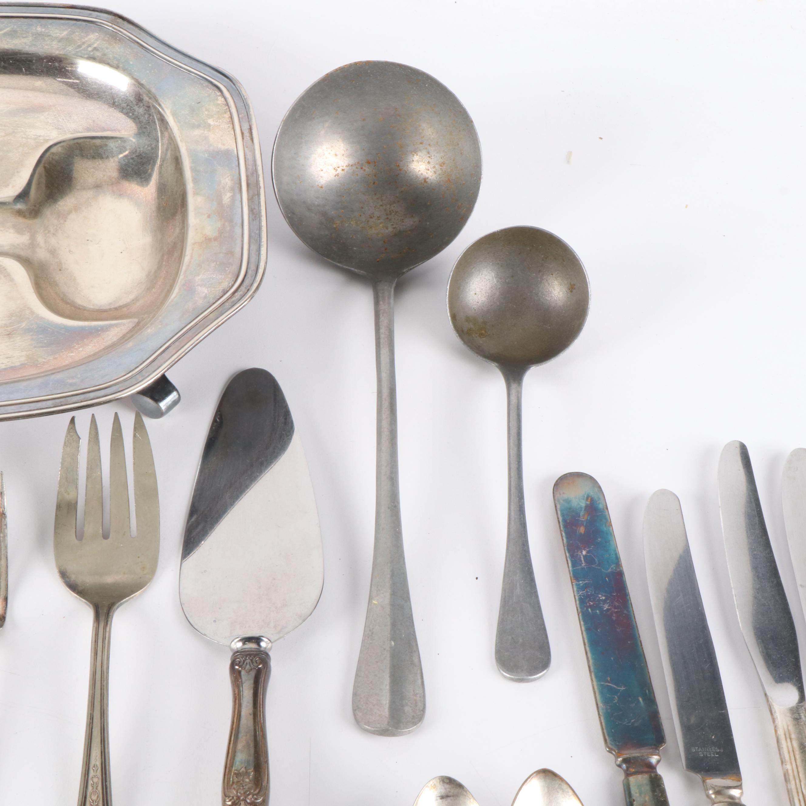 Barbour Silver Co. Footed Meat Platter with Flatware and Serving Utensils