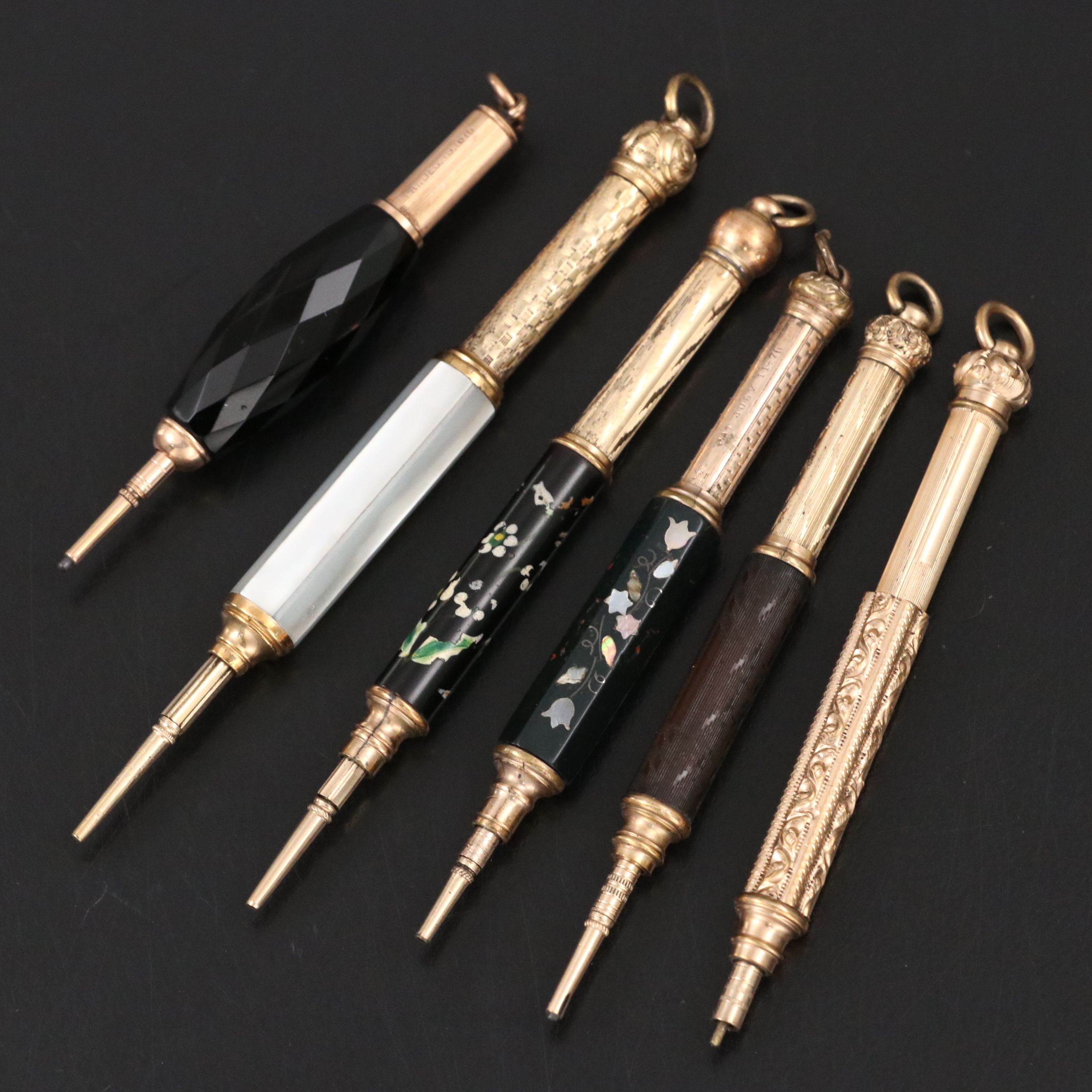 Chatelaine Gilt Mechanical Pencils Embellished with Black Onyx and Gutta-Percha