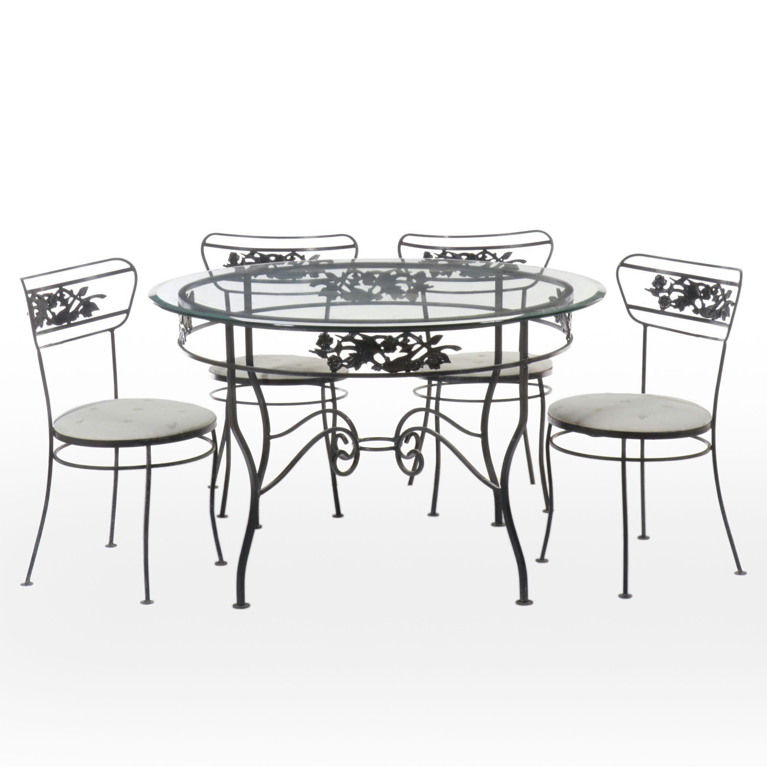 Painted Metal Frame Glass-Top Patio Dining Table and Four Chairs