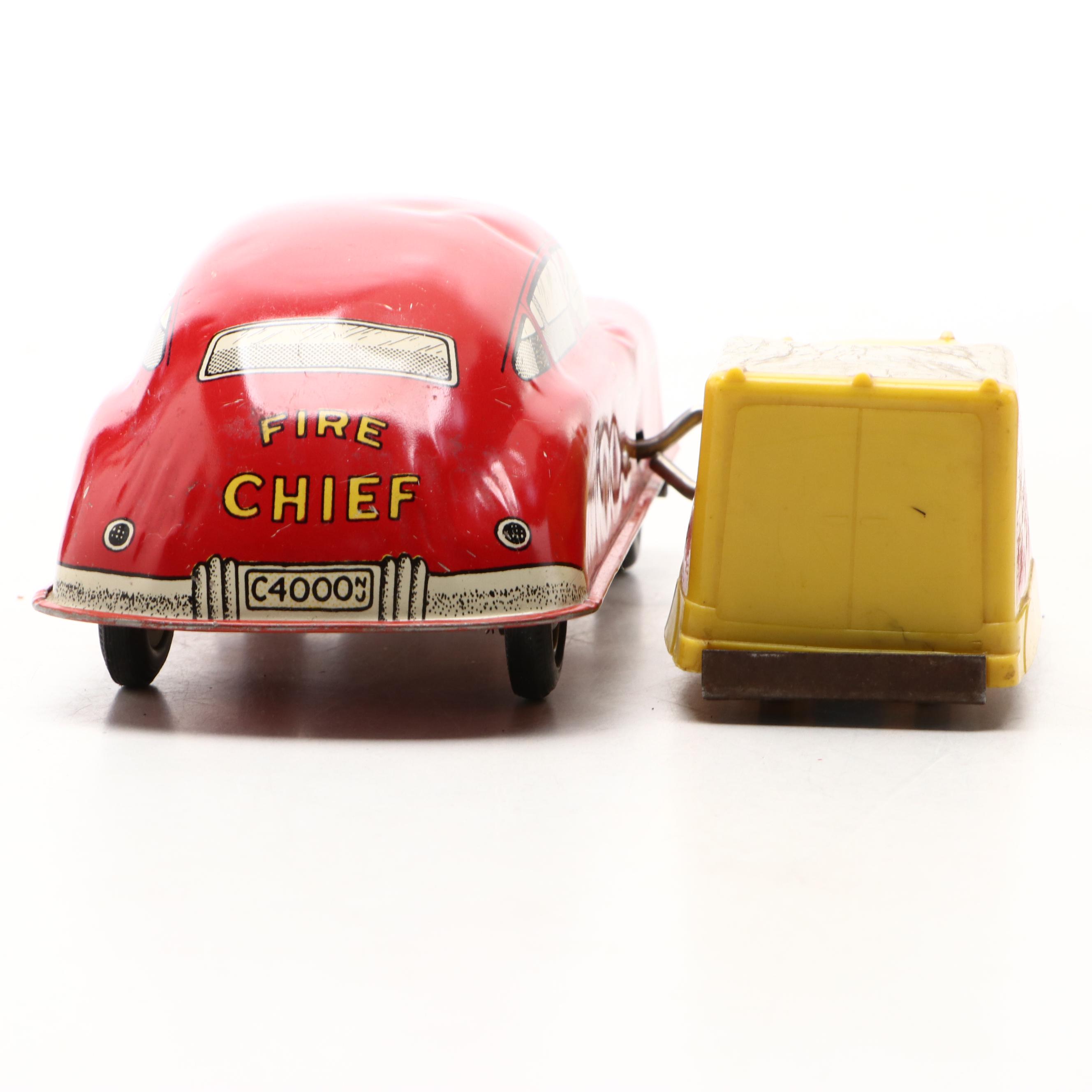 Vintage Old Timer "Old Smoky" Fire Truck with More Friction-Powered Tin Cars