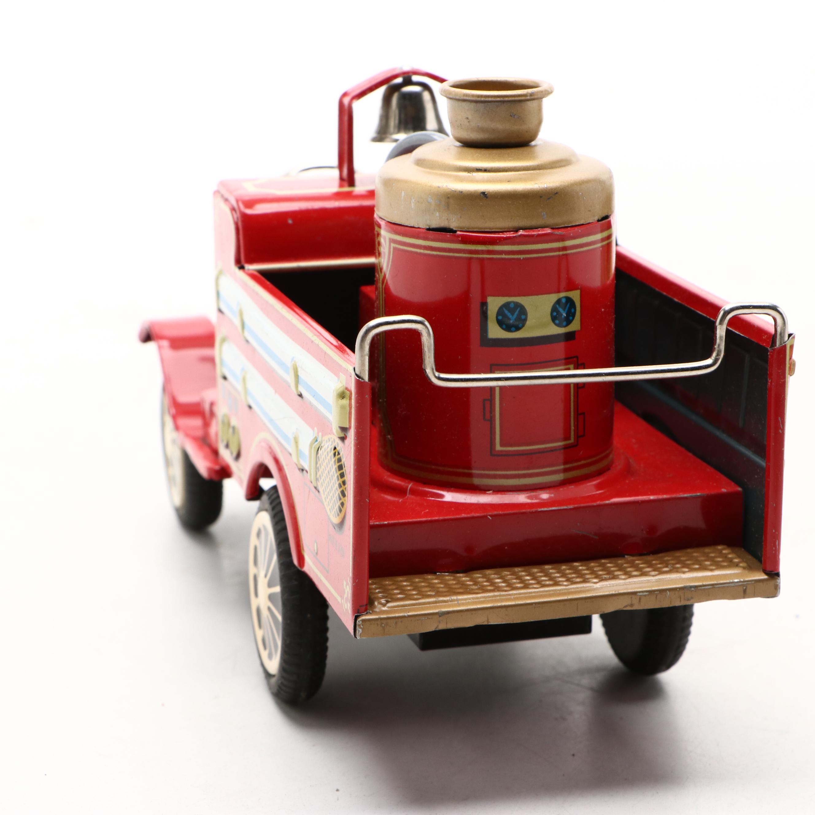 Vintage Old Timer "Old Smoky" Fire Truck with More Friction-Powered Tin Cars