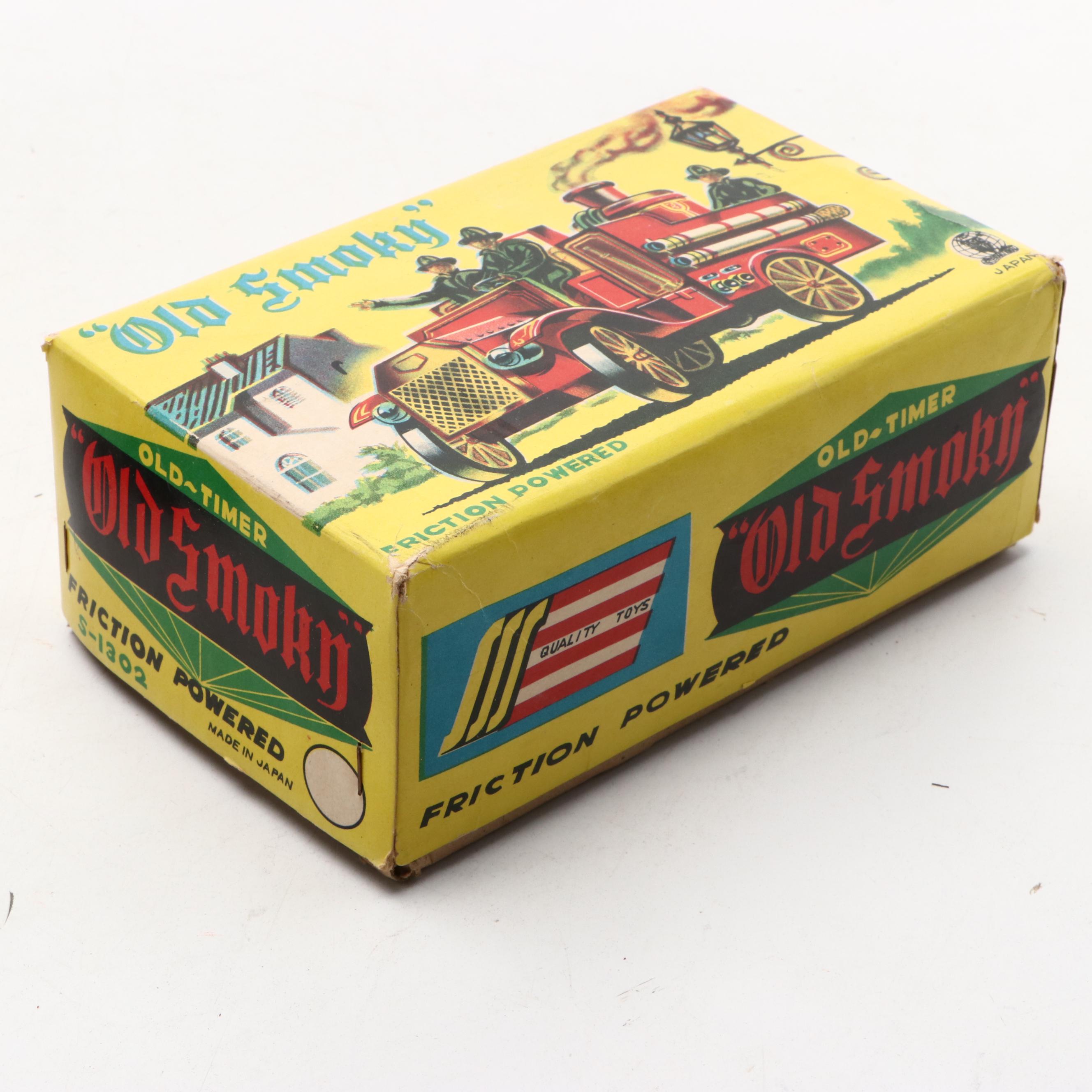 Vintage Old Timer "Old Smoky" Fire Truck with More Friction-Powered Tin Cars