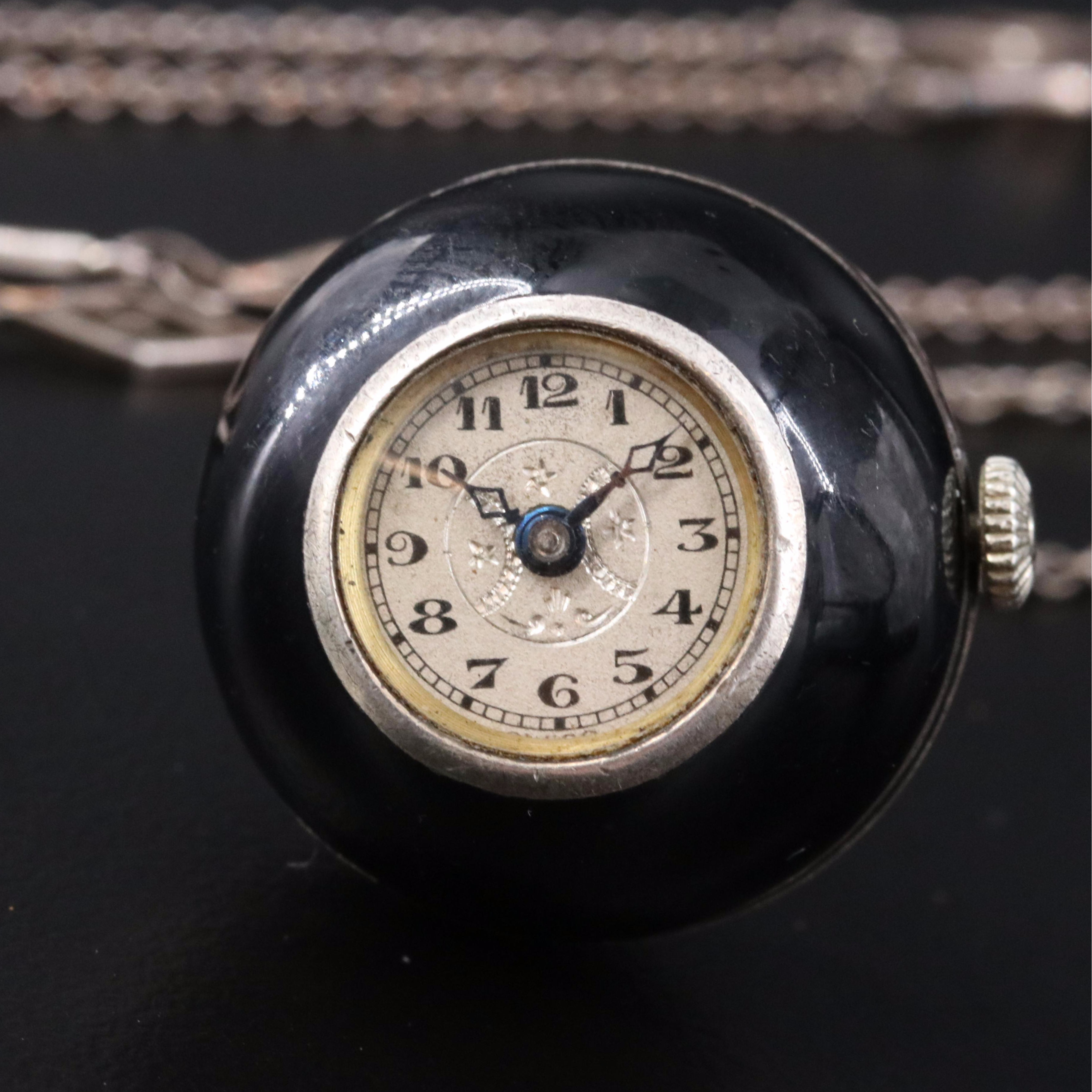 Sterling Silver Enamel Illinois Watch Co. Orb Pendant Watch on Sterling Chain