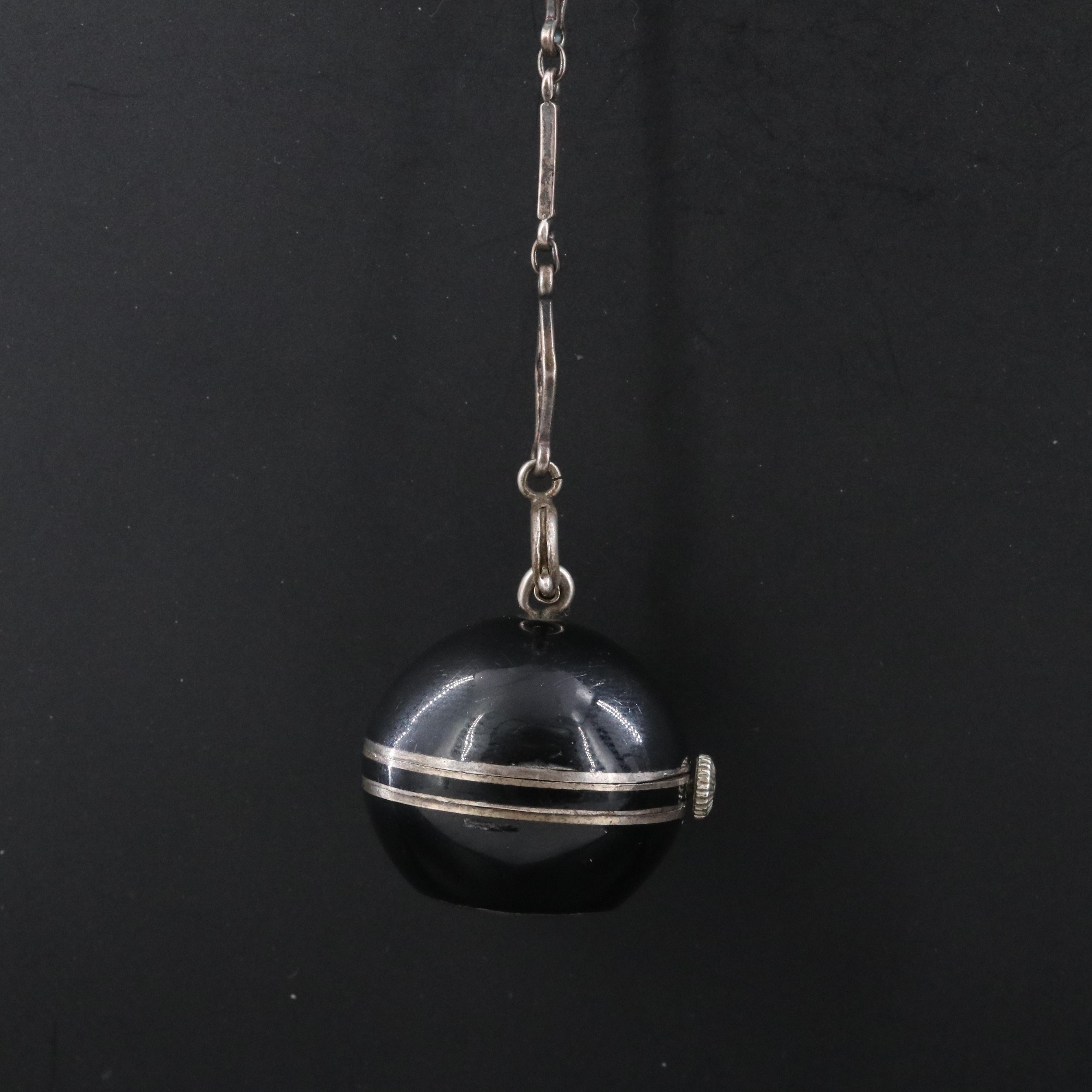 Sterling Silver Enamel Illinois Watch Co. Orb Pendant Watch on Sterling Chain