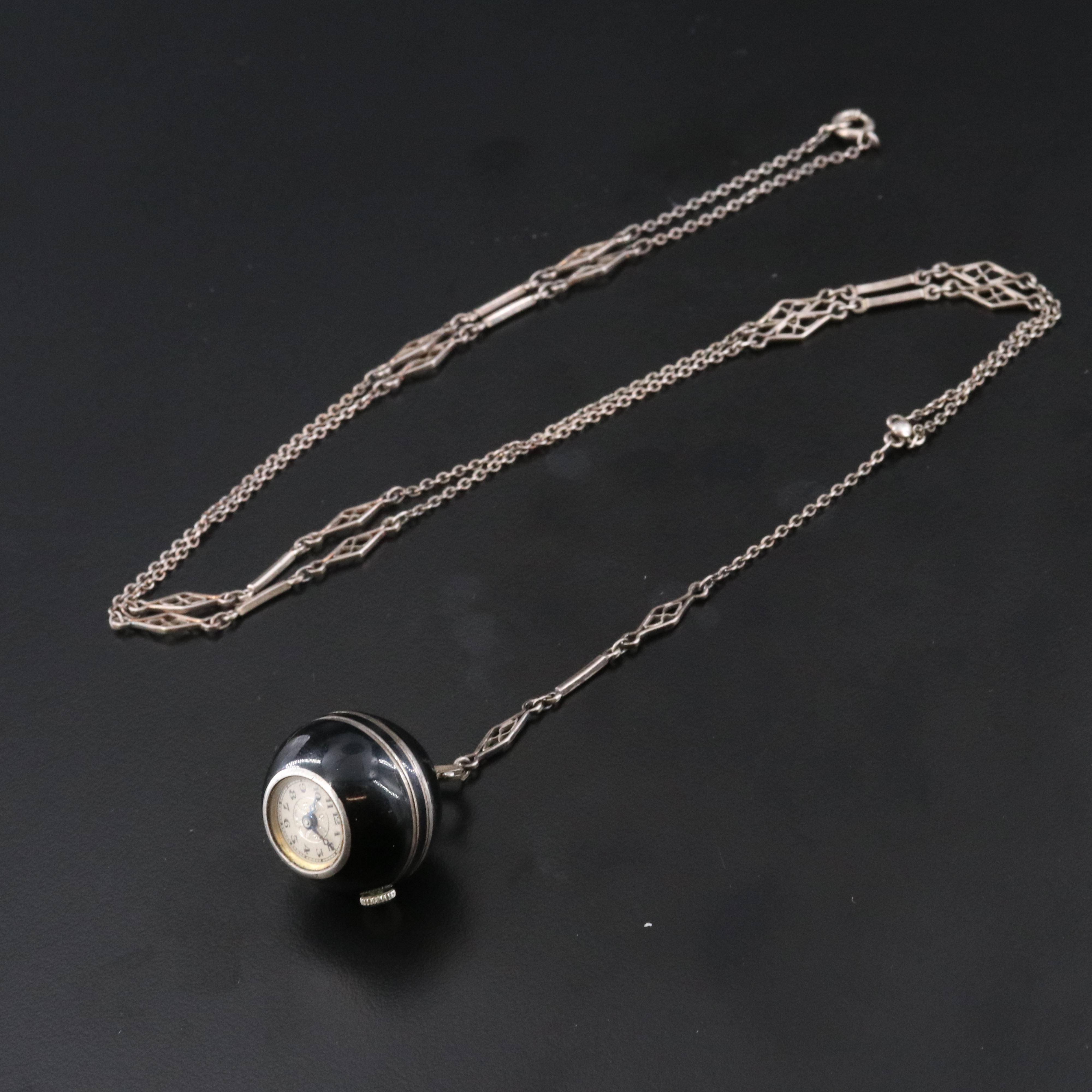 Sterling Silver Enamel Illinois Watch Co. Orb Pendant Watch on Sterling Chain