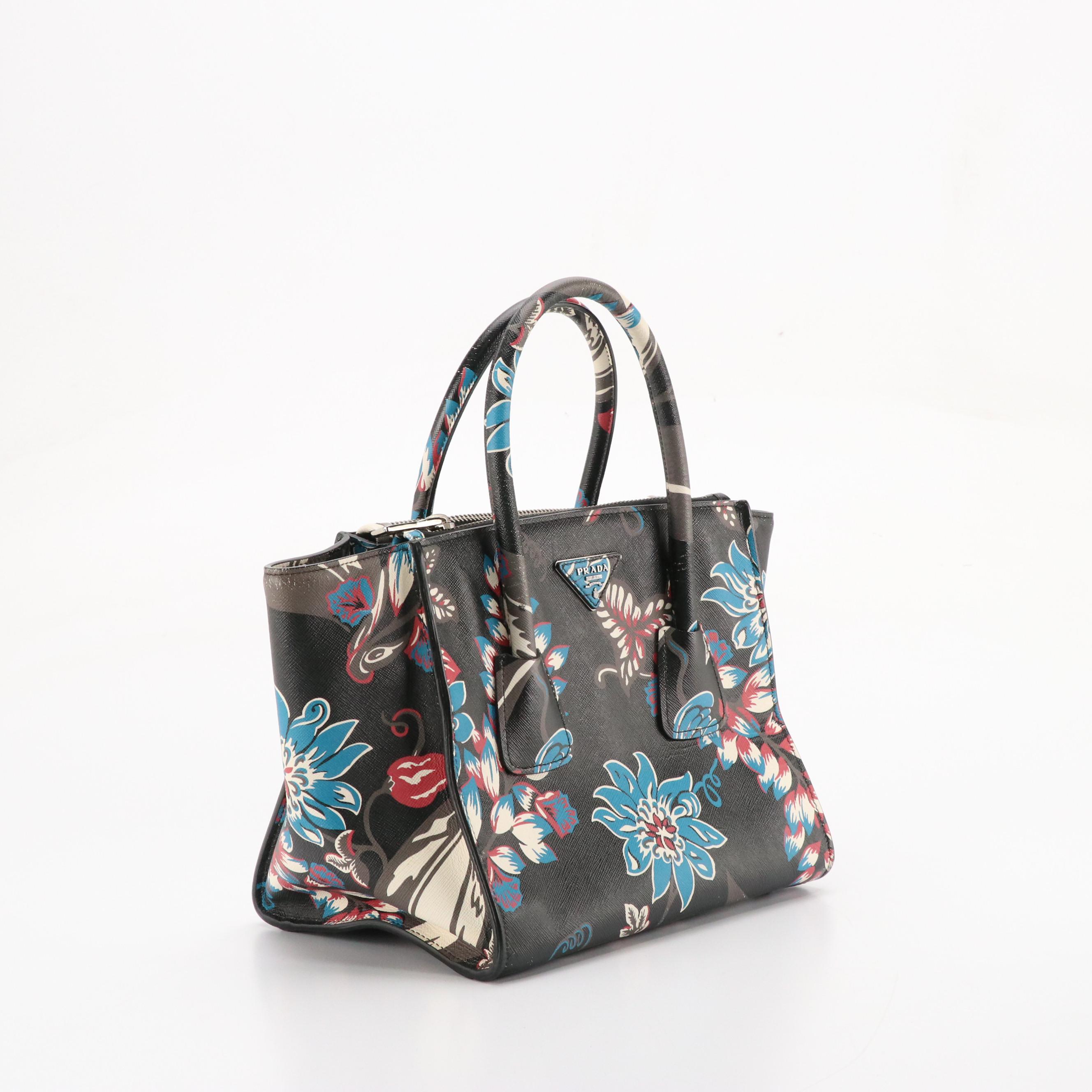 Prada Twin Pocket Two-Way Tote in Floral Printed Saffiano Leather