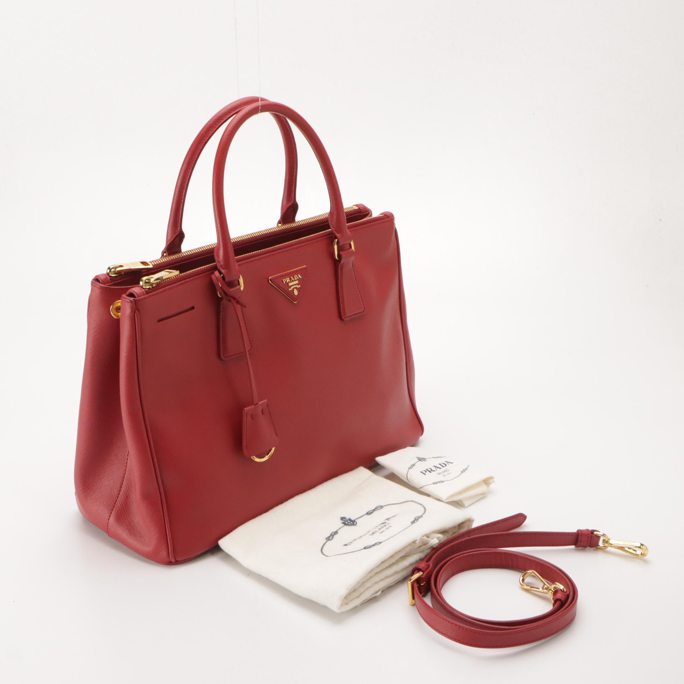 Prada Large Double Zip Galleria Two-Way Bag in Cherry Red Saffiano Lux Leather